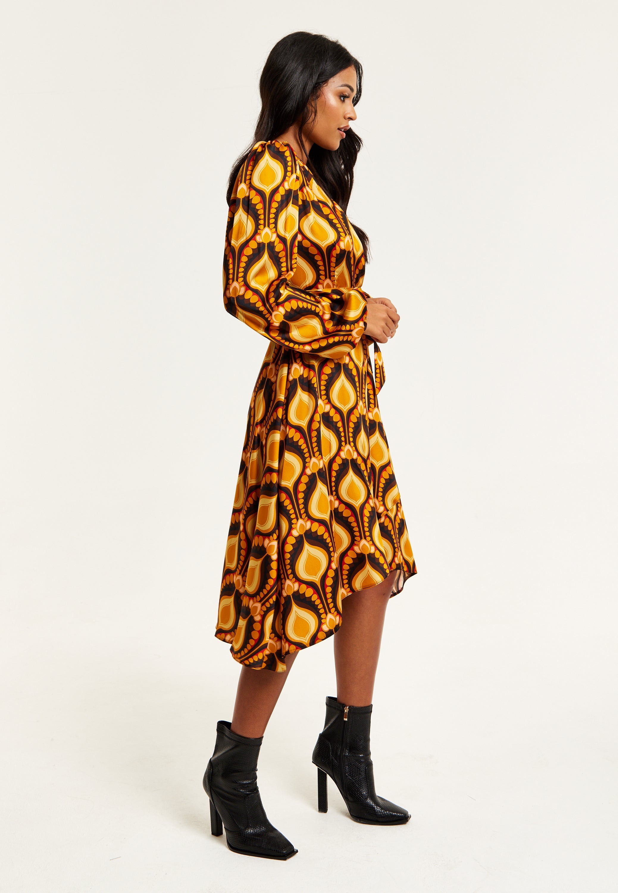 Women's Midi Wrap Dress with Balloon Sleeves in Retro Print - Elegant Fake Wrap Style, Perfect for Any Occasion by Liquorish