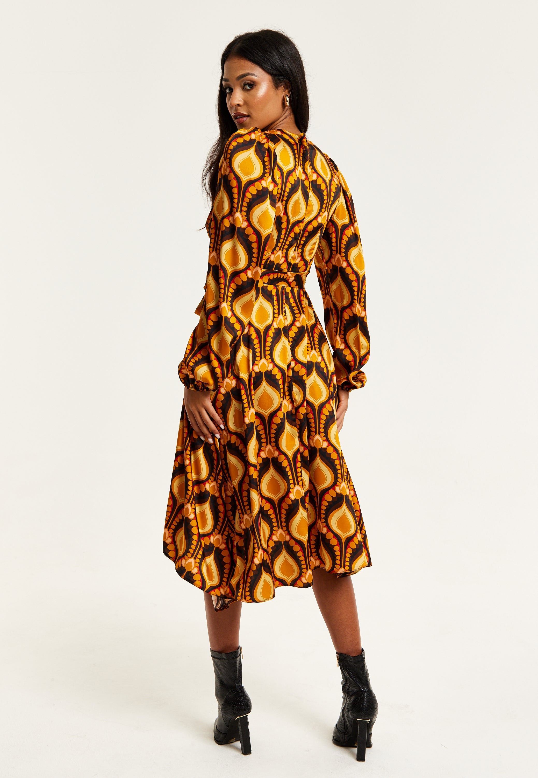 Women's Midi Wrap Dress with Balloon Sleeves in Retro Print - Elegant Fake Wrap Style, Perfect for Any Occasion by Liquorish