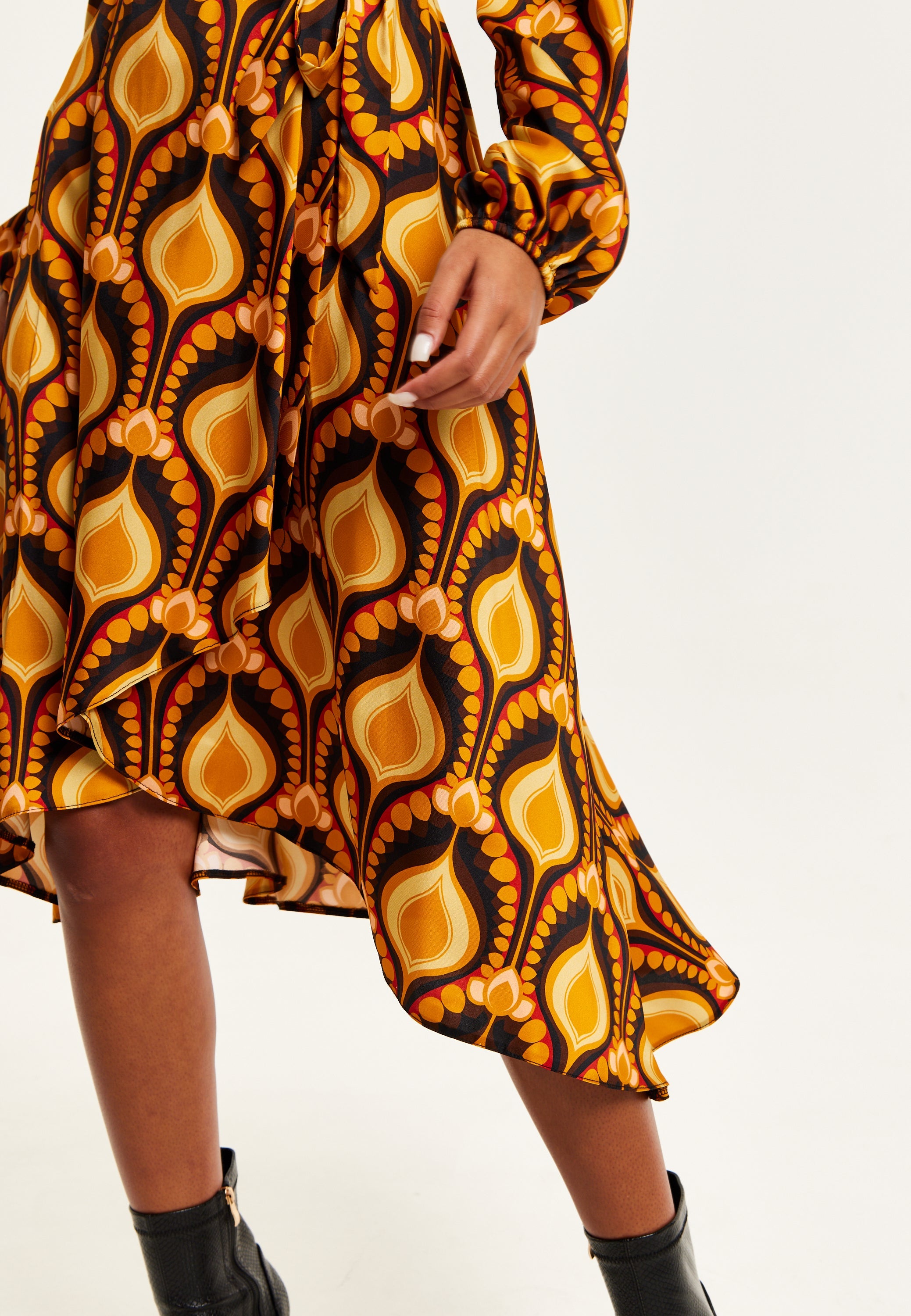 Women's Midi Wrap Dress with Balloon Sleeves in Retro Print - Elegant Fake Wrap Style, Perfect for Any Occasion by Liquorish