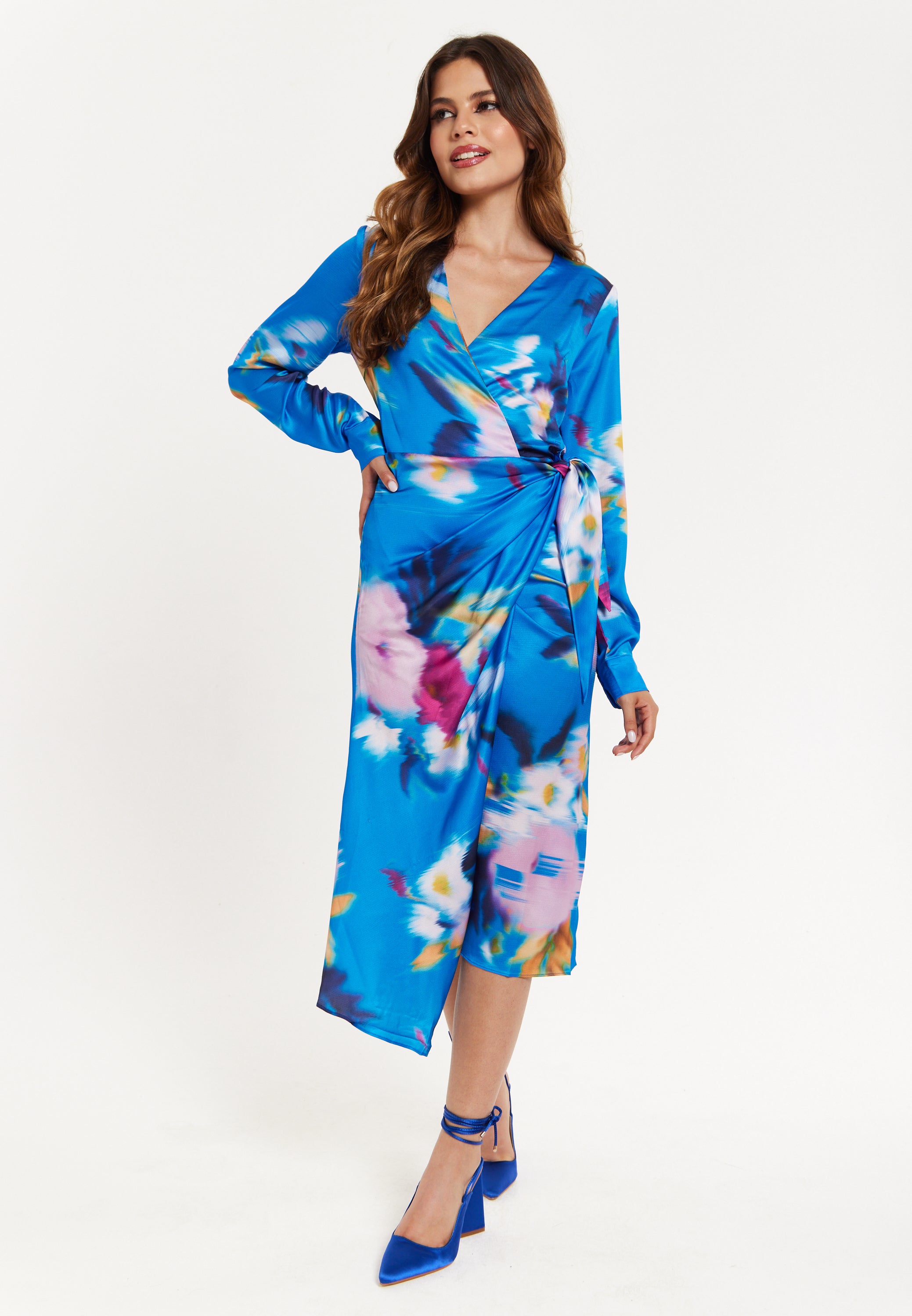 Women’s Midi Dress in Blue Floral Satin with Wrap Style, V Neck, Long Sleeves, and Adjustable Tie Waist