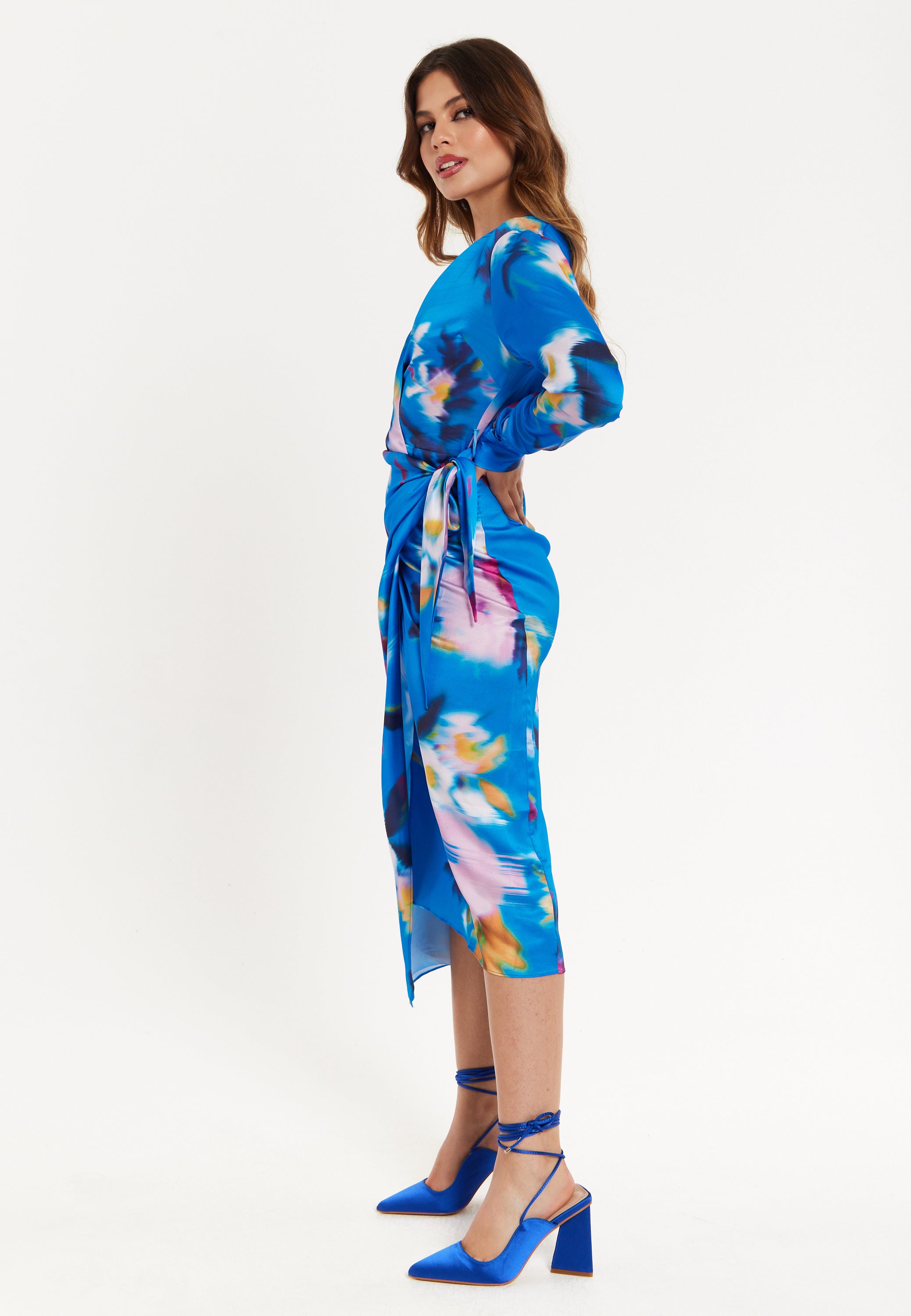 Women’s Midi Dress in Blue Floral Satin with Wrap Style, V Neck, Long Sleeves, and Adjustable Tie Waist