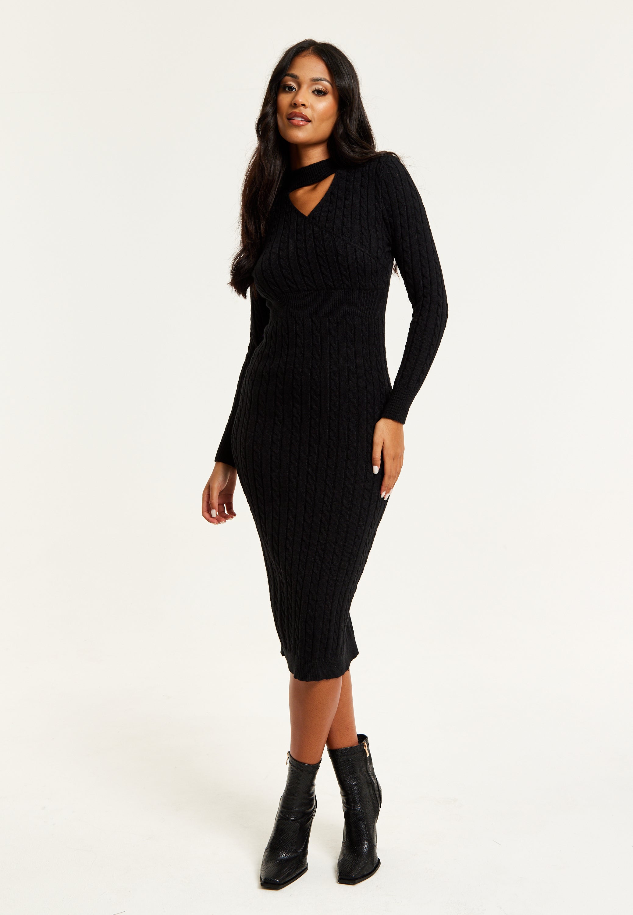 Women's Midi Dress with Long Sleeves and Cut Out Front in Black - Cable Knit Style by Liquorish