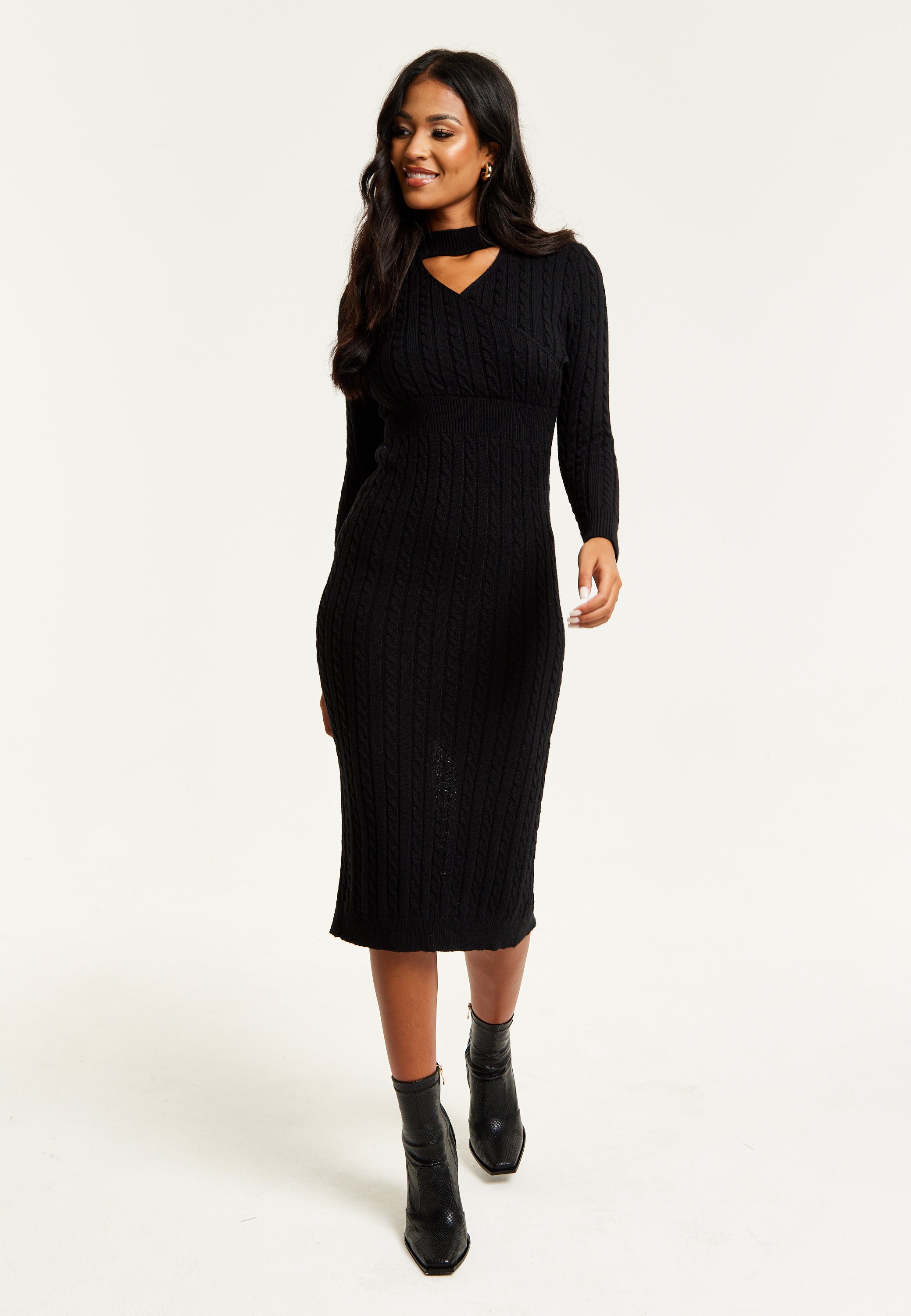 Women's Midi Dress with Long Sleeves and Cut Out Front in Black - Cable Knit Style by Liquorish