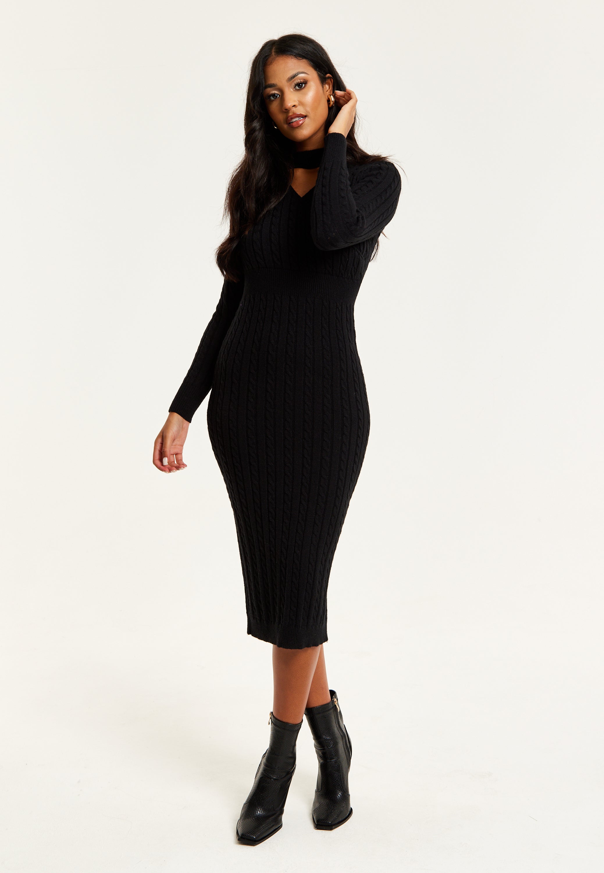 Women's Midi Dress with Long Sleeves and Cut Out Front in Black - Cable Knit Style by Liquorish