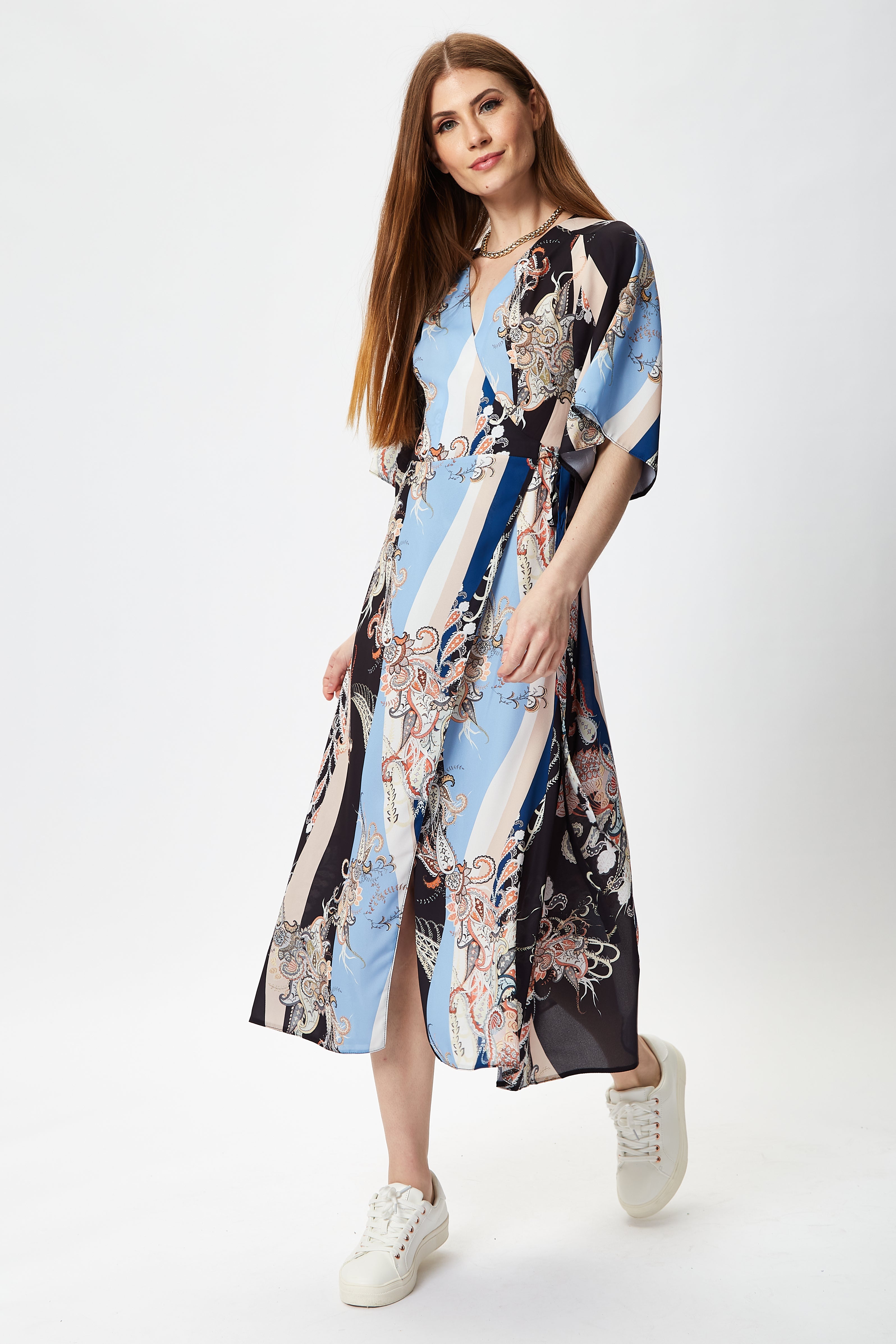 Women's Midi Wrap Dress in Floral Print with Short Kimono Sleeves - Stylish Design to Elevate Your Wardrobe by Liquorish