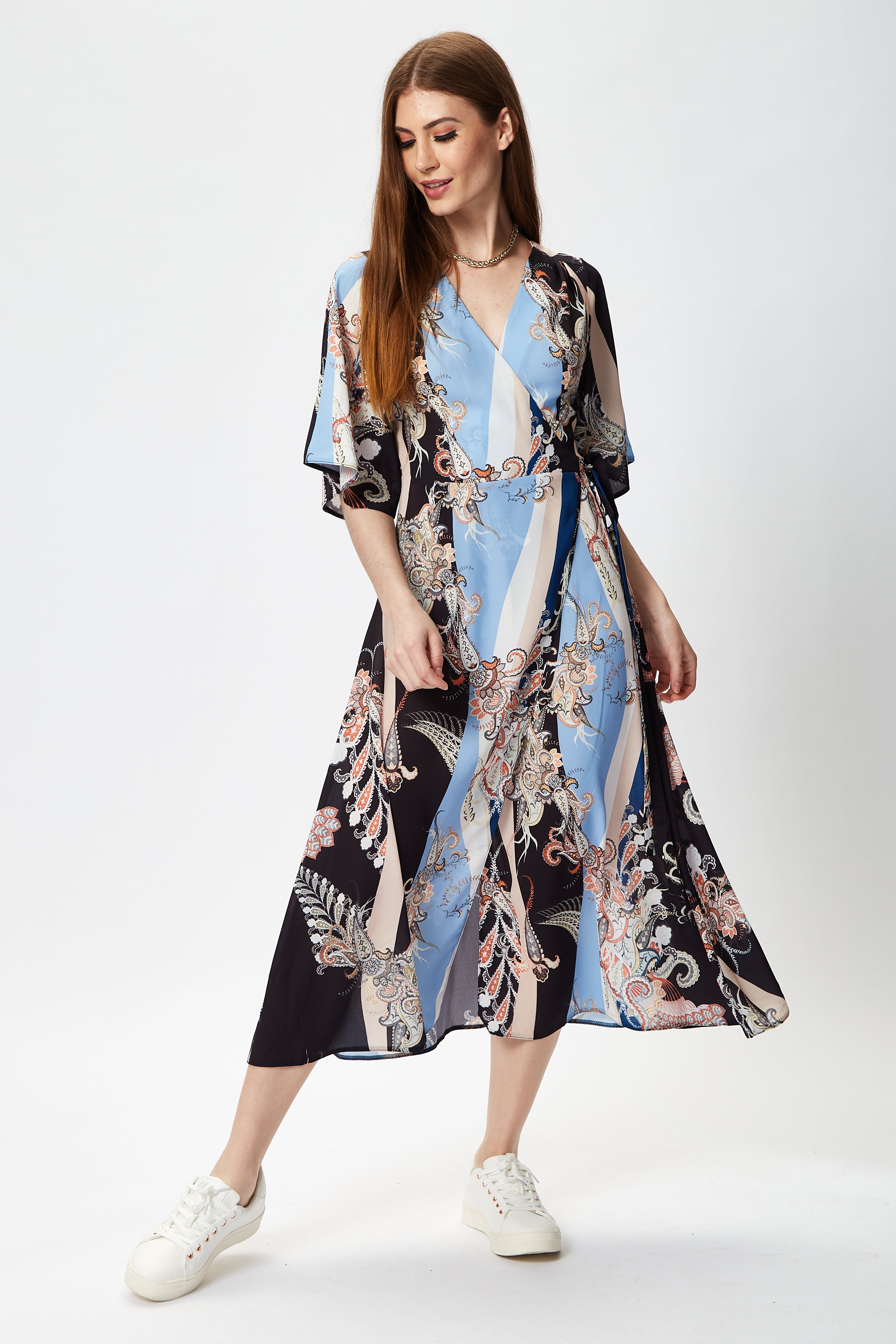 Women's Midi Wrap Dress in Floral Print with Short Kimono Sleeves - Stylish Design to Elevate Your Wardrobe by Liquorish