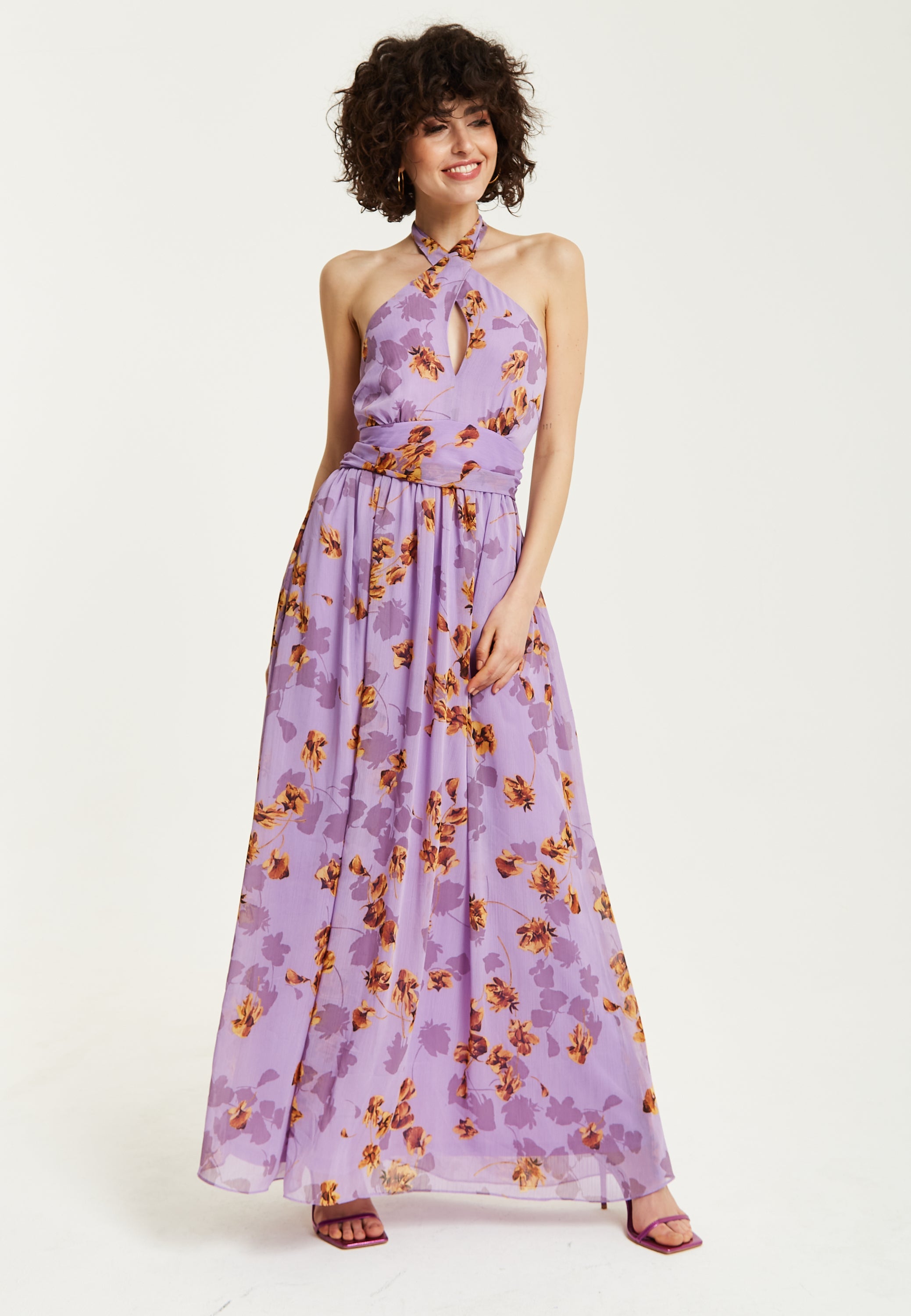 Women’s Maxi Dress, Purple Floral Print, Halter Neck Design, Cut-Out Front, Open Back, Sleeveless, Elegant and Flowy
