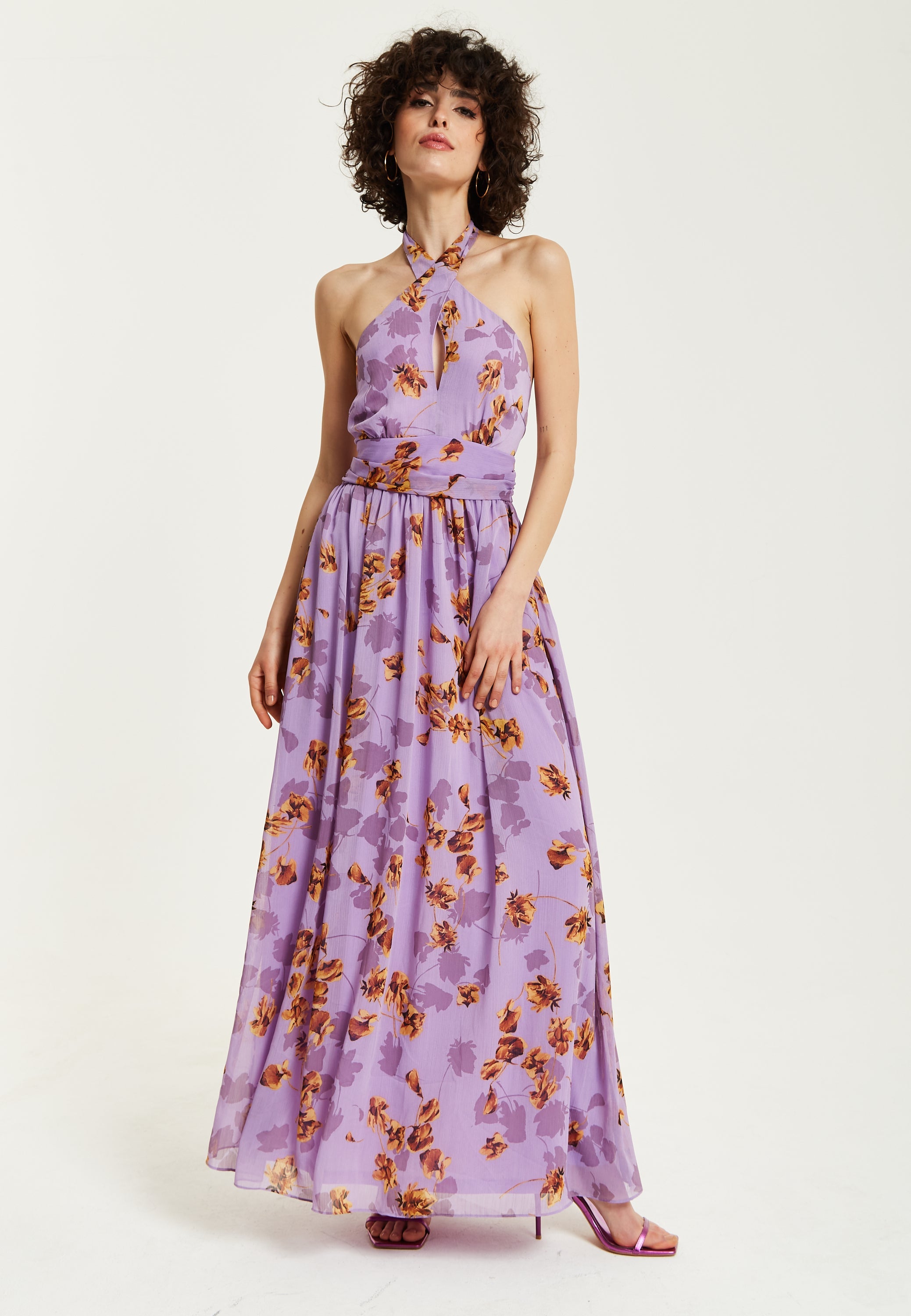Women’s Maxi Dress, Purple Floral Print, Halter Neck Design, Cut-Out Front, Open Back, Sleeveless, Elegant and Flowy