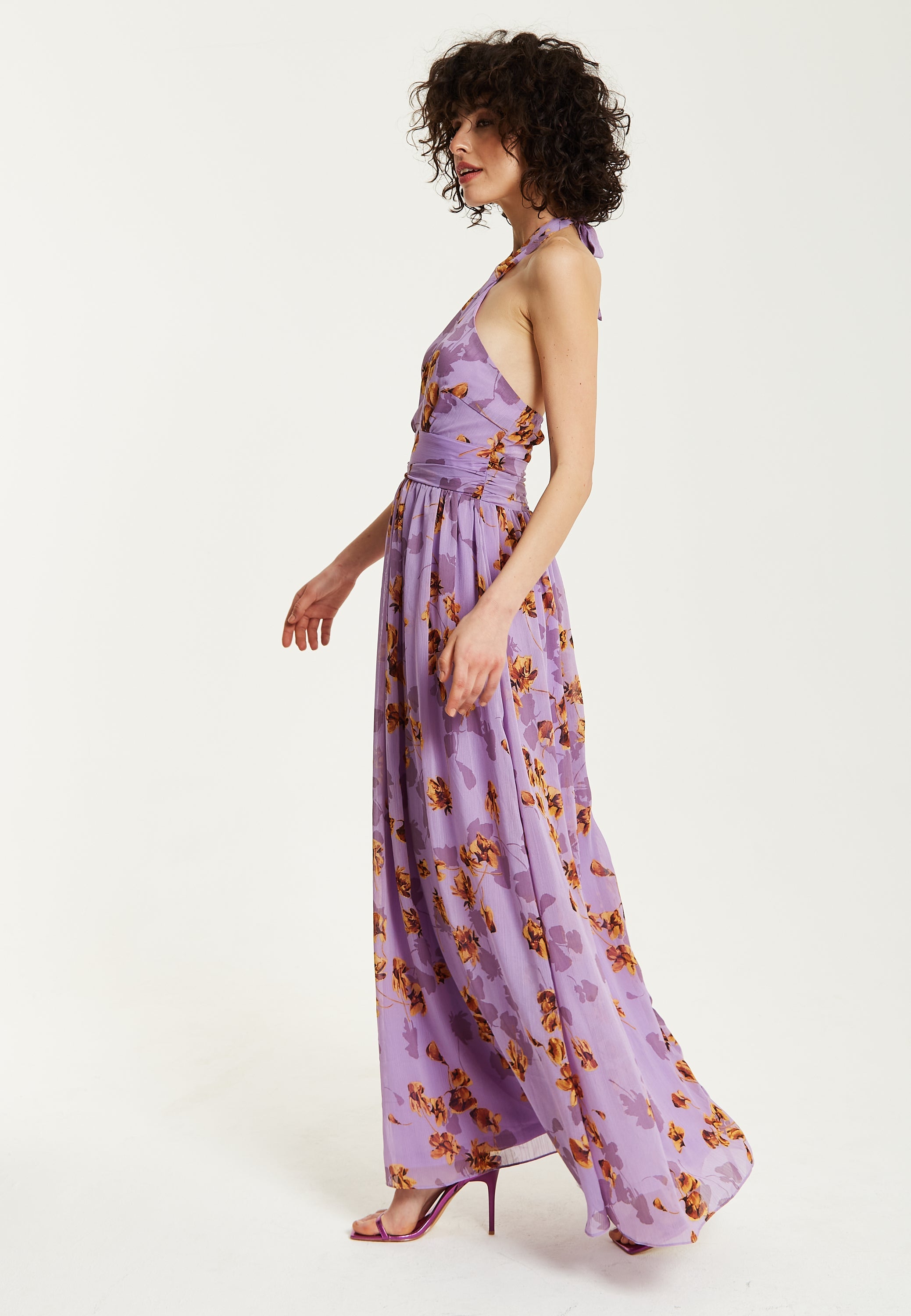 Women’s Maxi Dress, Purple Floral Print, Halter Neck Design, Cut-Out Front, Open Back, Sleeveless, Elegant and Flowy