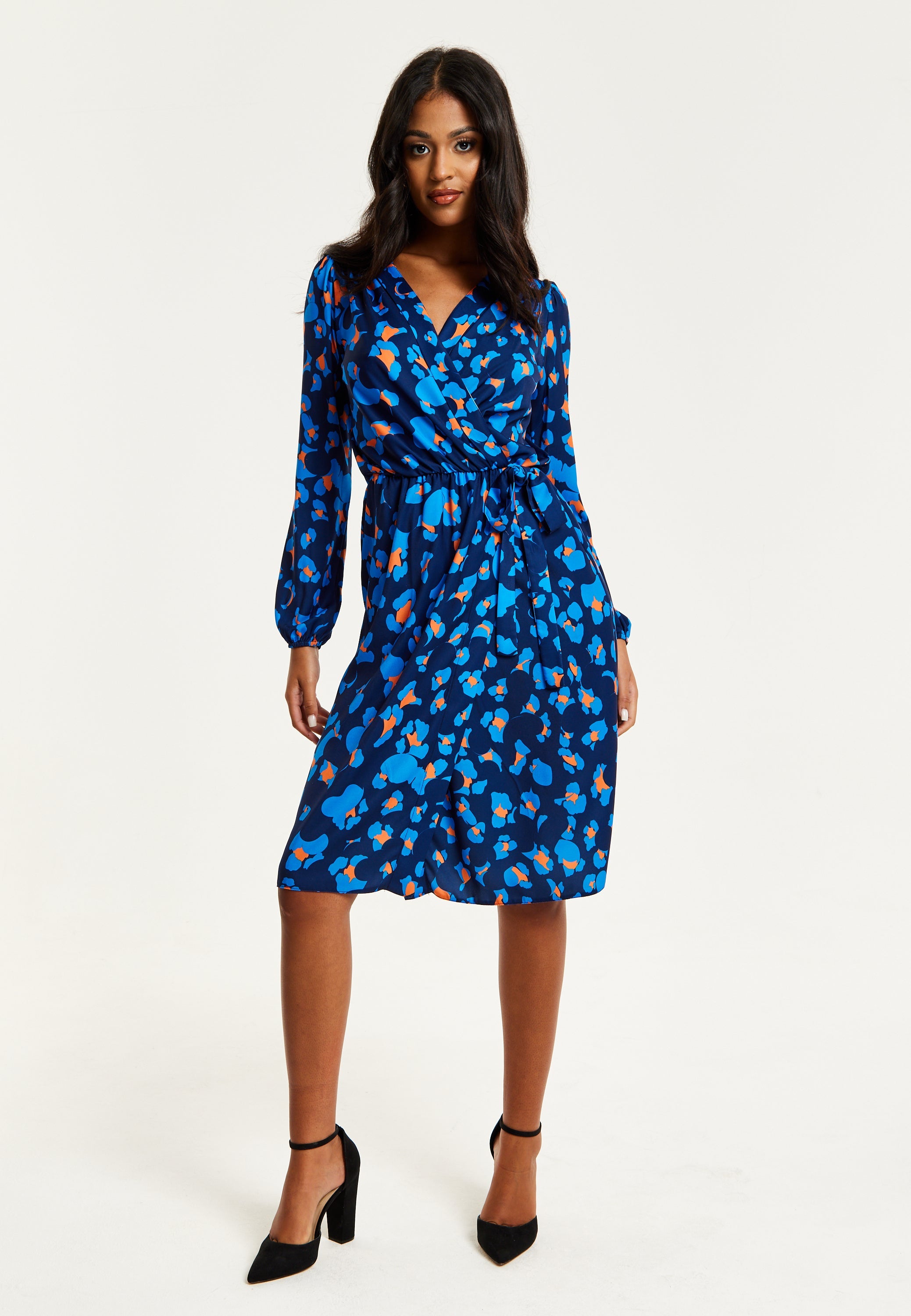 Women's Midi Wrap Dress in Blue with Long Sleeves - Elegant Abstract Print Design by Liquorish