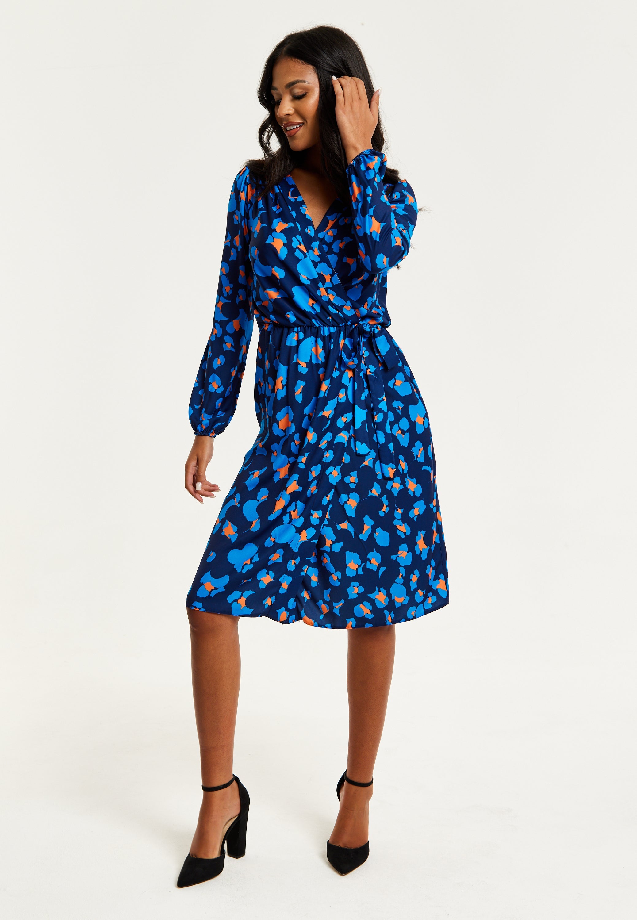 Women's Midi Wrap Dress in Blue with Long Sleeves - Elegant Abstract Print Design by Liquorish
