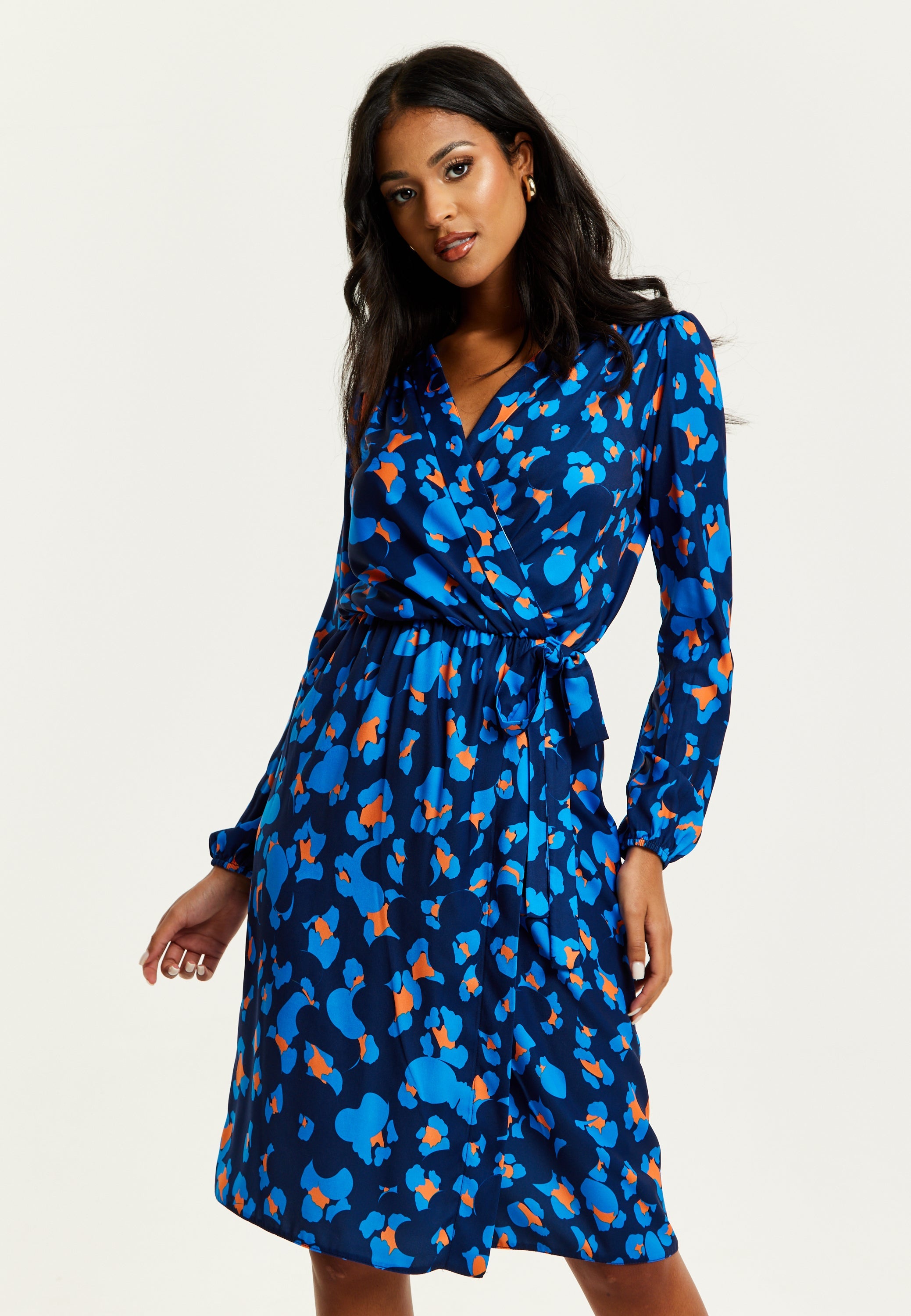 Women's Midi Wrap Dress in Blue with Long Sleeves - Elegant Abstract Print Design by Liquorish