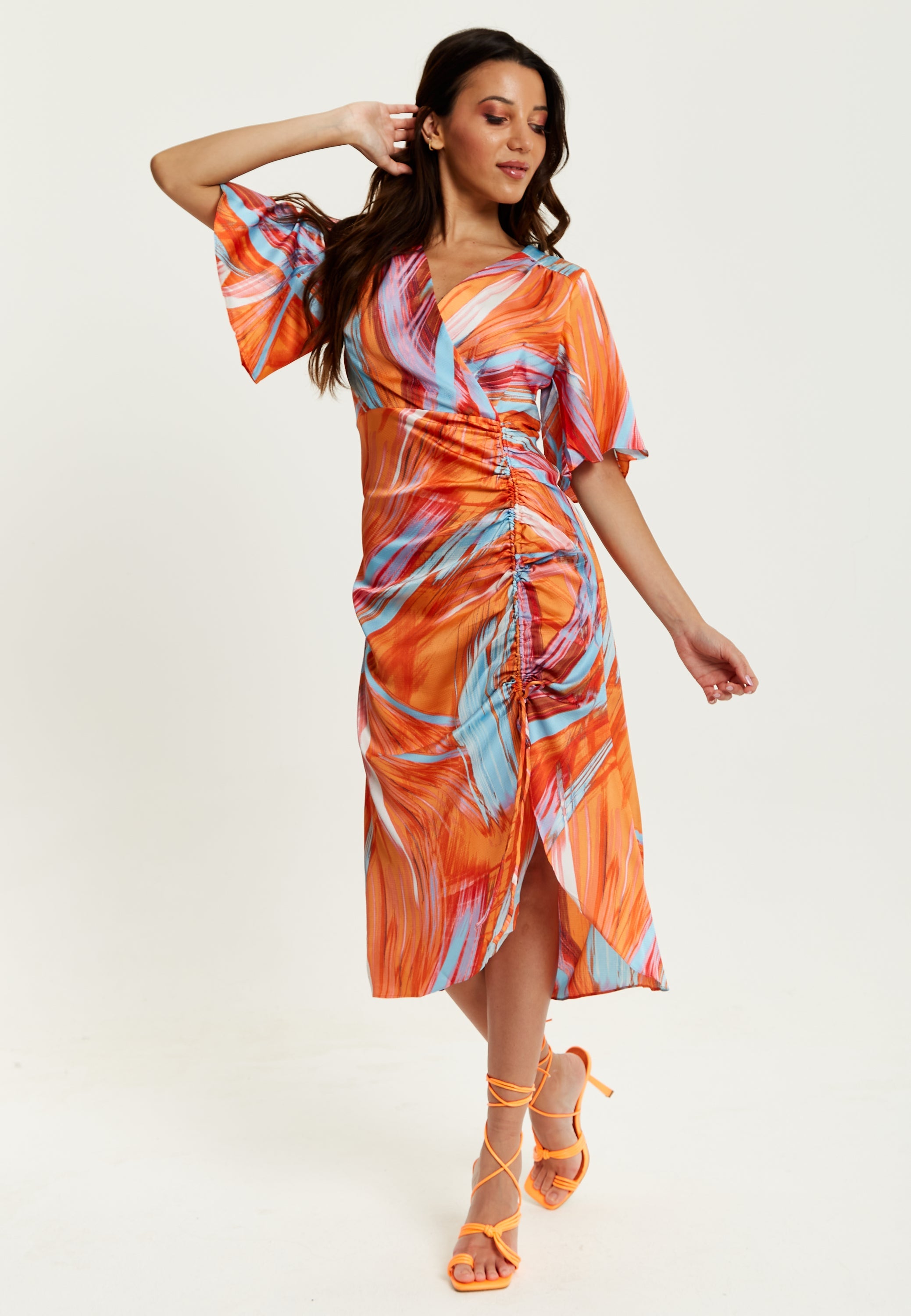 Women's Midi Dress with Kimono Sleeves and Abstract Brush Stroke Print in Orange - Liquorish