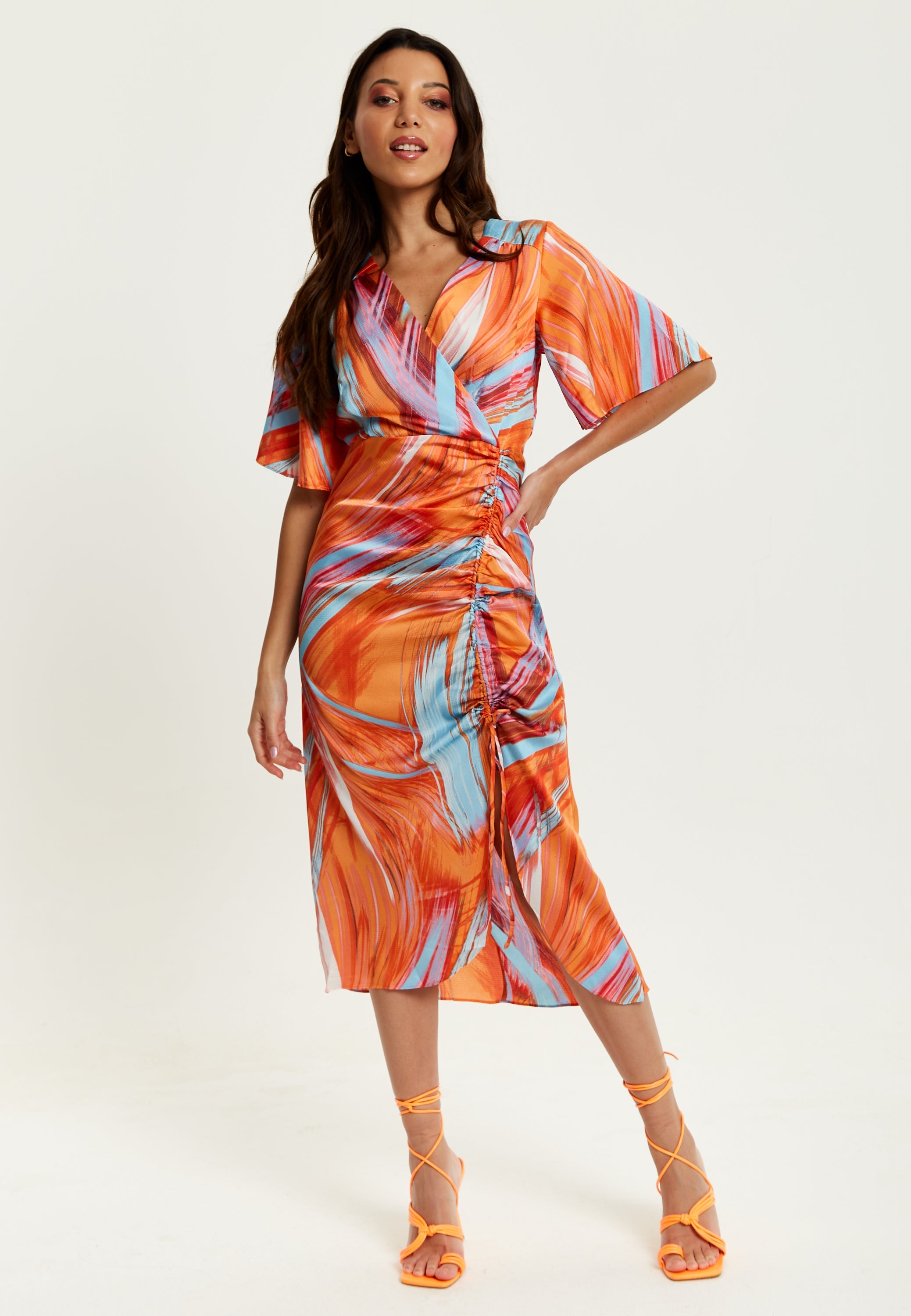 Women's Midi Dress with Kimono Sleeves and Abstract Brush Stroke Print in Orange - Liquorish