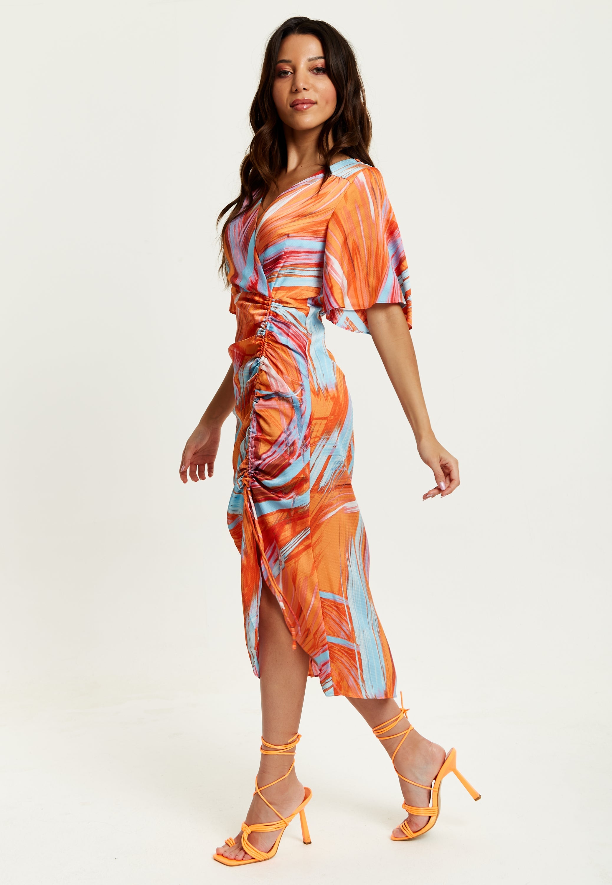 Women's Midi Dress with Kimono Sleeves and Abstract Brush Stroke Print in Orange - Liquorish