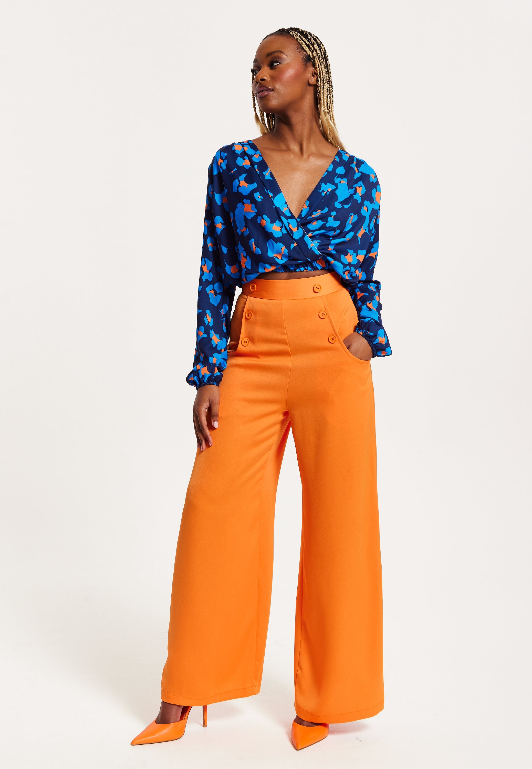 Women's Trousers High Waist Orange Wide Leg with Front Buttons and Pockets, Zip-Side Fastening, Liquorish