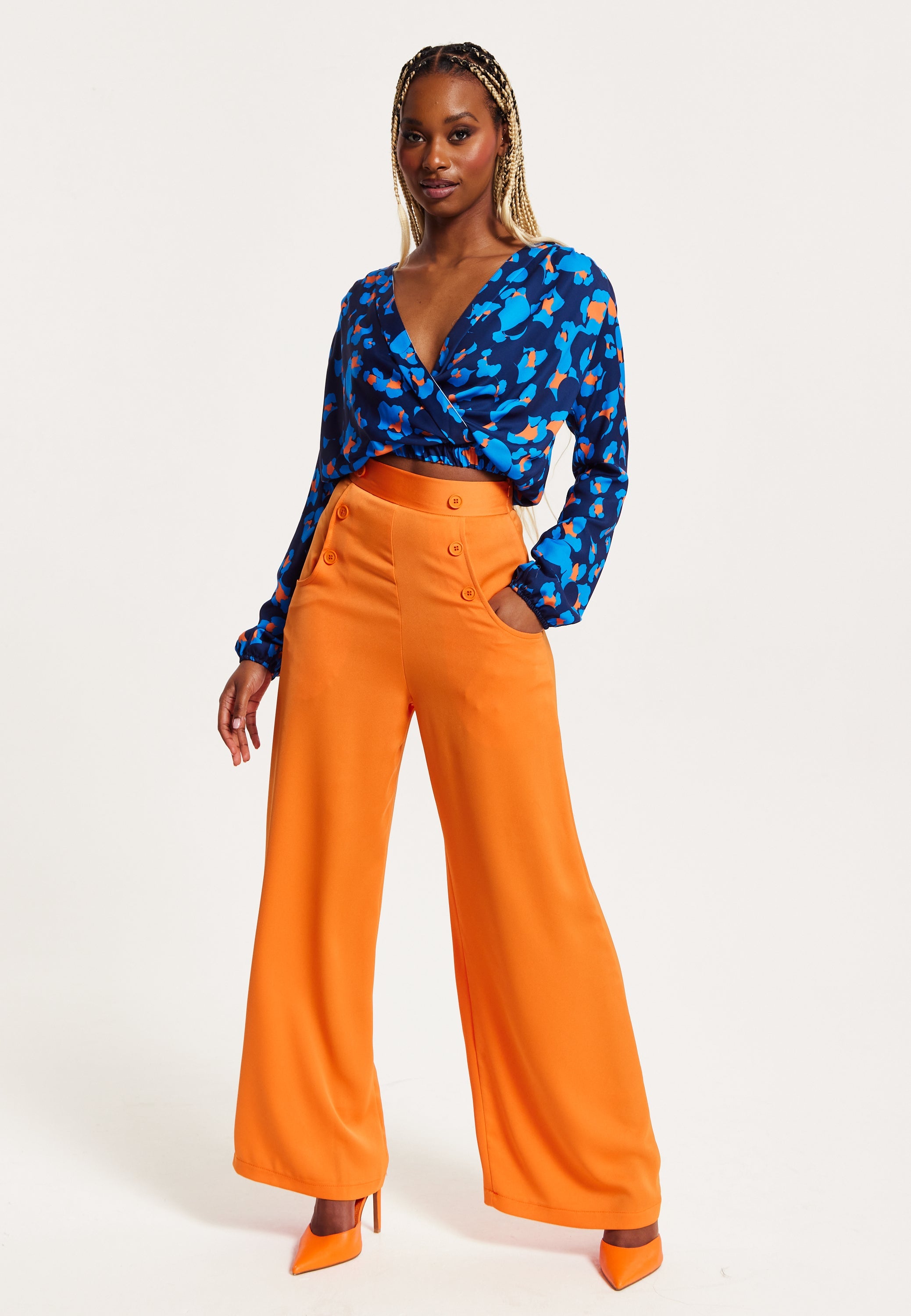 Women's Trousers High Waist Orange Wide Leg with Front Buttons and Pockets, Zip-Side Fastening, Liquorish