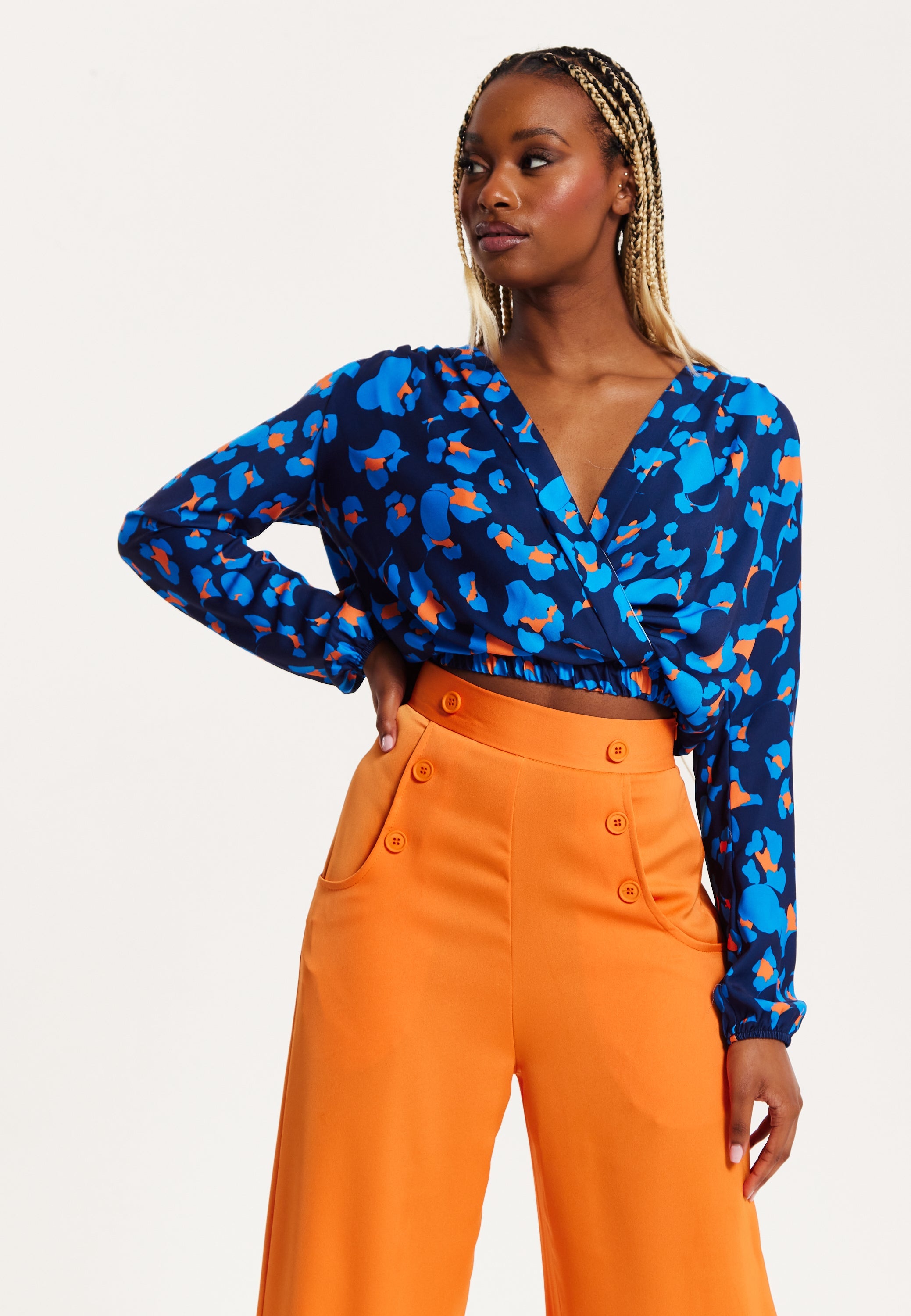 Women's Abstract Print Wrap Top In Pink, Orange, And Blue - Crossover Front, V Neck, Long Sleeves, Elasticated Waist