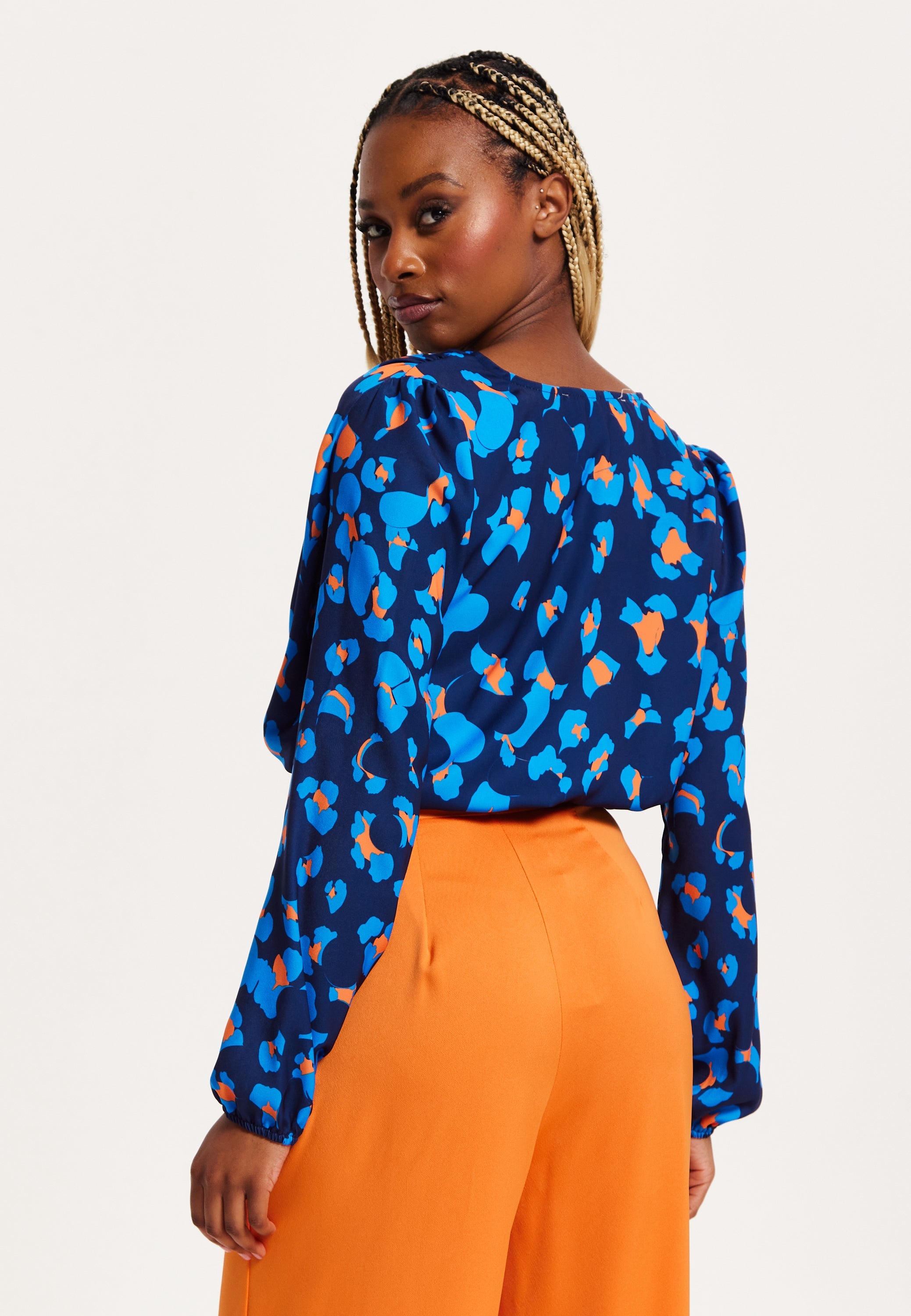 Women's Abstract Print Wrap Top In Pink, Orange, And Blue - Crossover Front, V Neck, Long Sleeves, Elasticated Waist