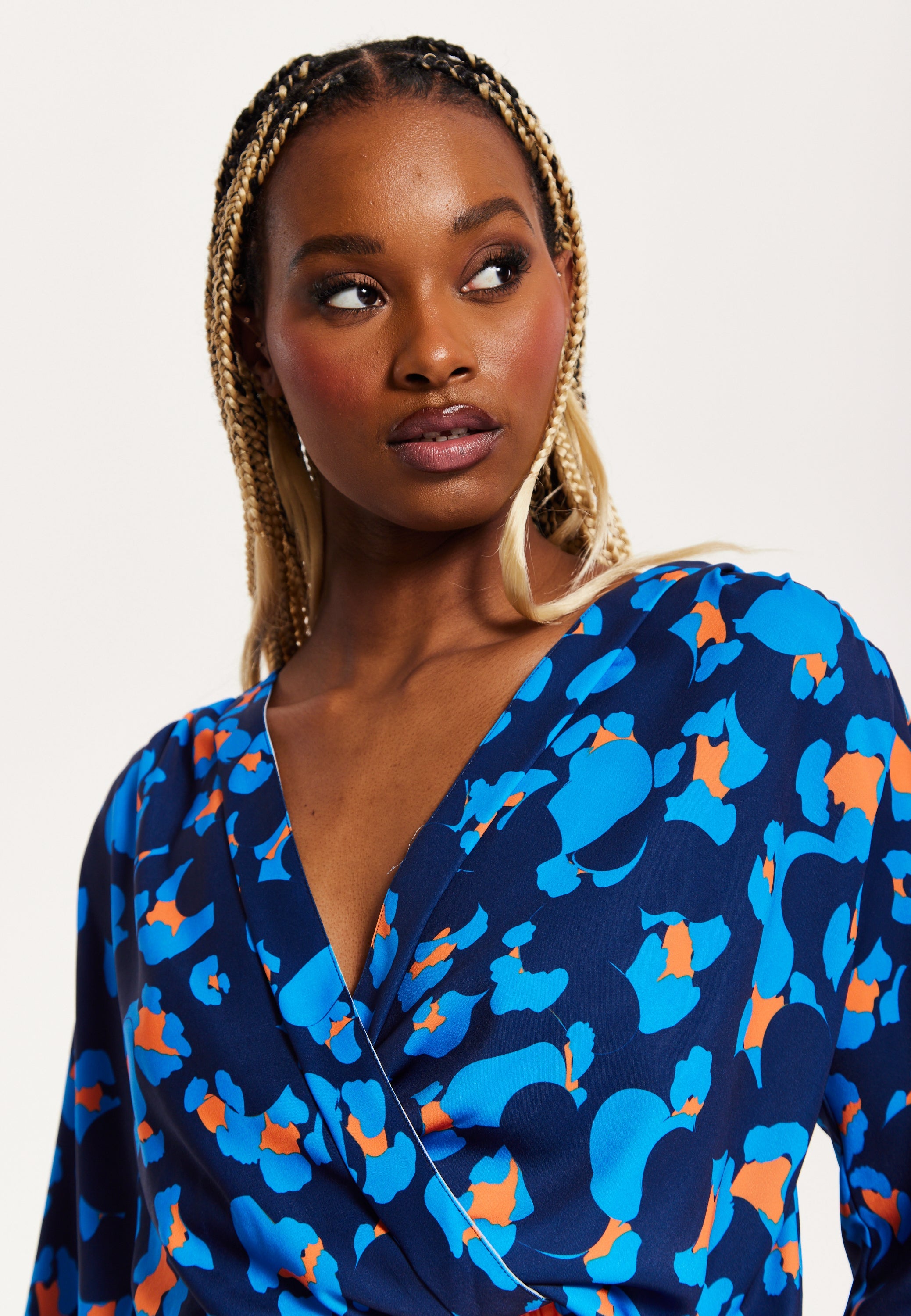 Women's Abstract Print Wrap Top In Pink, Orange, And Blue - Crossover Front, V Neck, Long Sleeves, Elasticated Waist