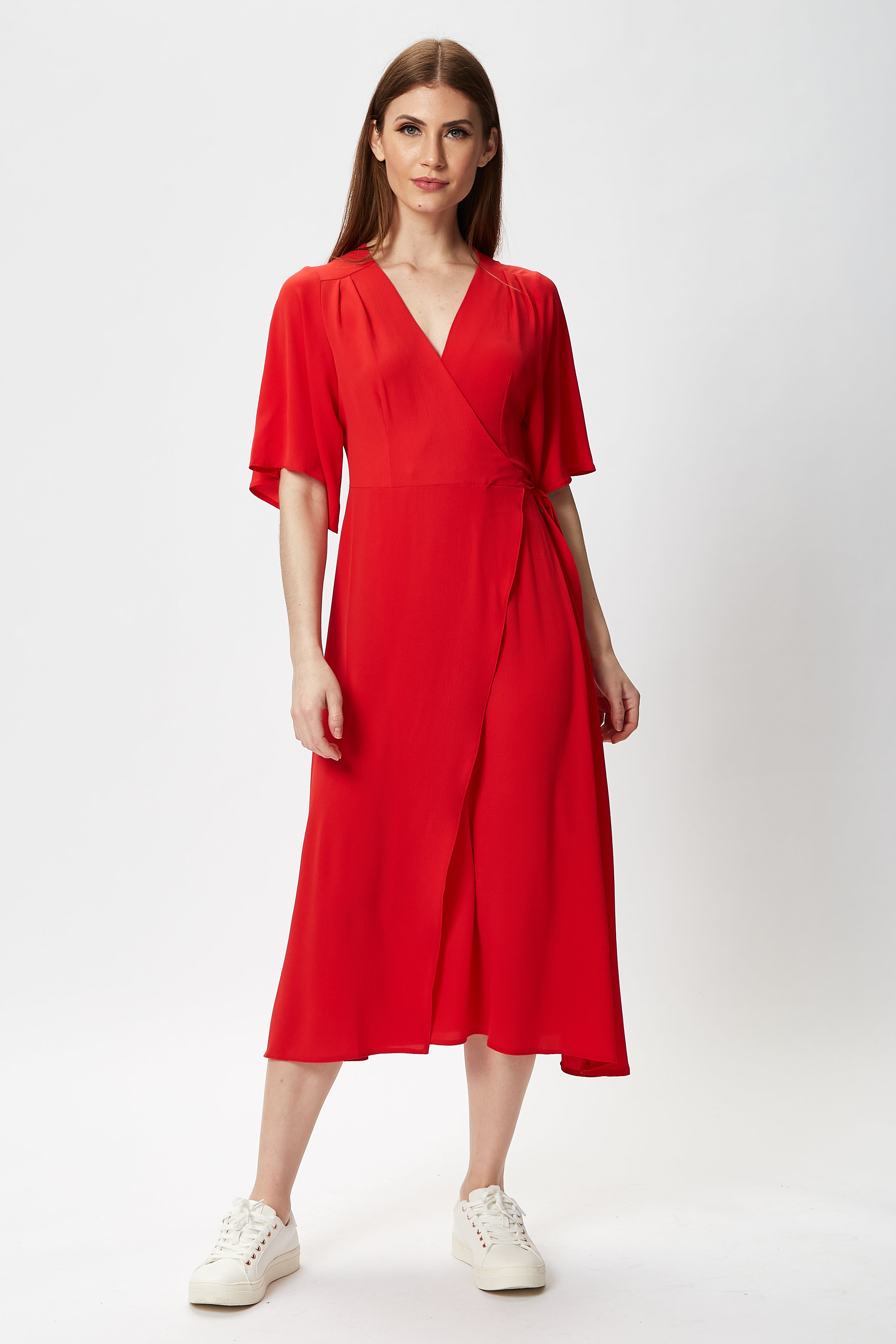 Women's Midi Wrap Dress in Red with Short Kimono Sleeves - Adjustable Tie Waist and V-Neckline by Liquorish