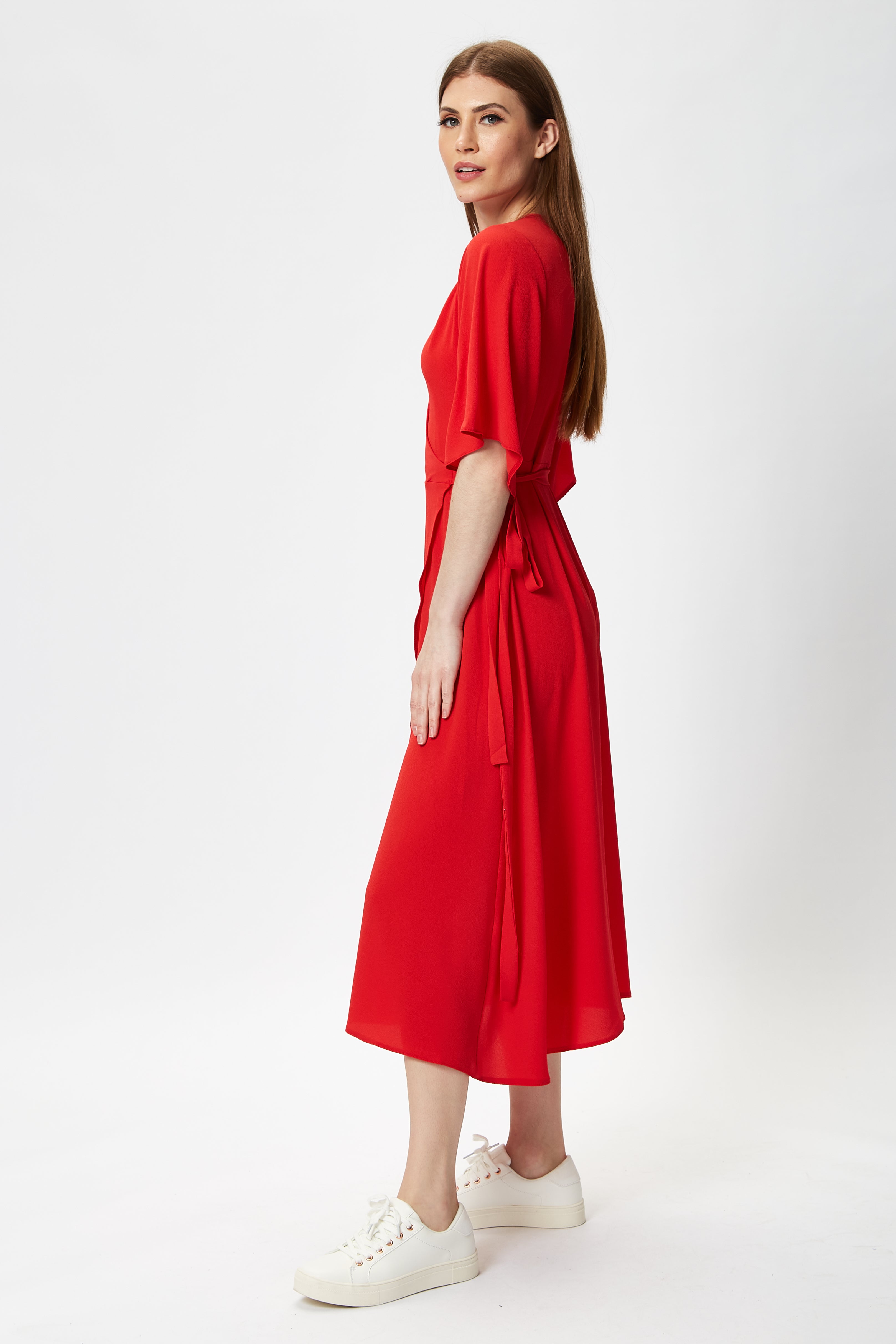 Women's Midi Wrap Dress in Red with Short Kimono Sleeves - Adjustable Tie Waist and V-Neckline by Liquorish