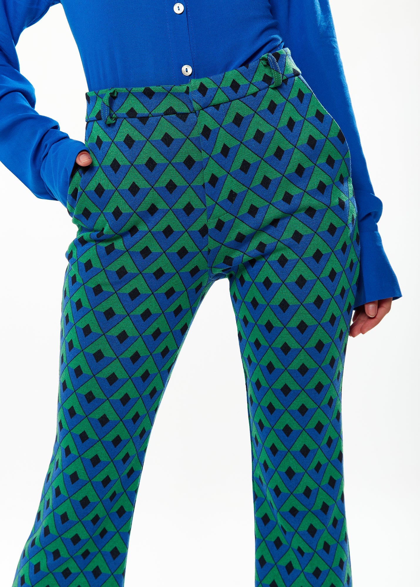 Women's Trousers in Green & Blue Geometric Print with Flared Hem and Side Pockets - Liquorish