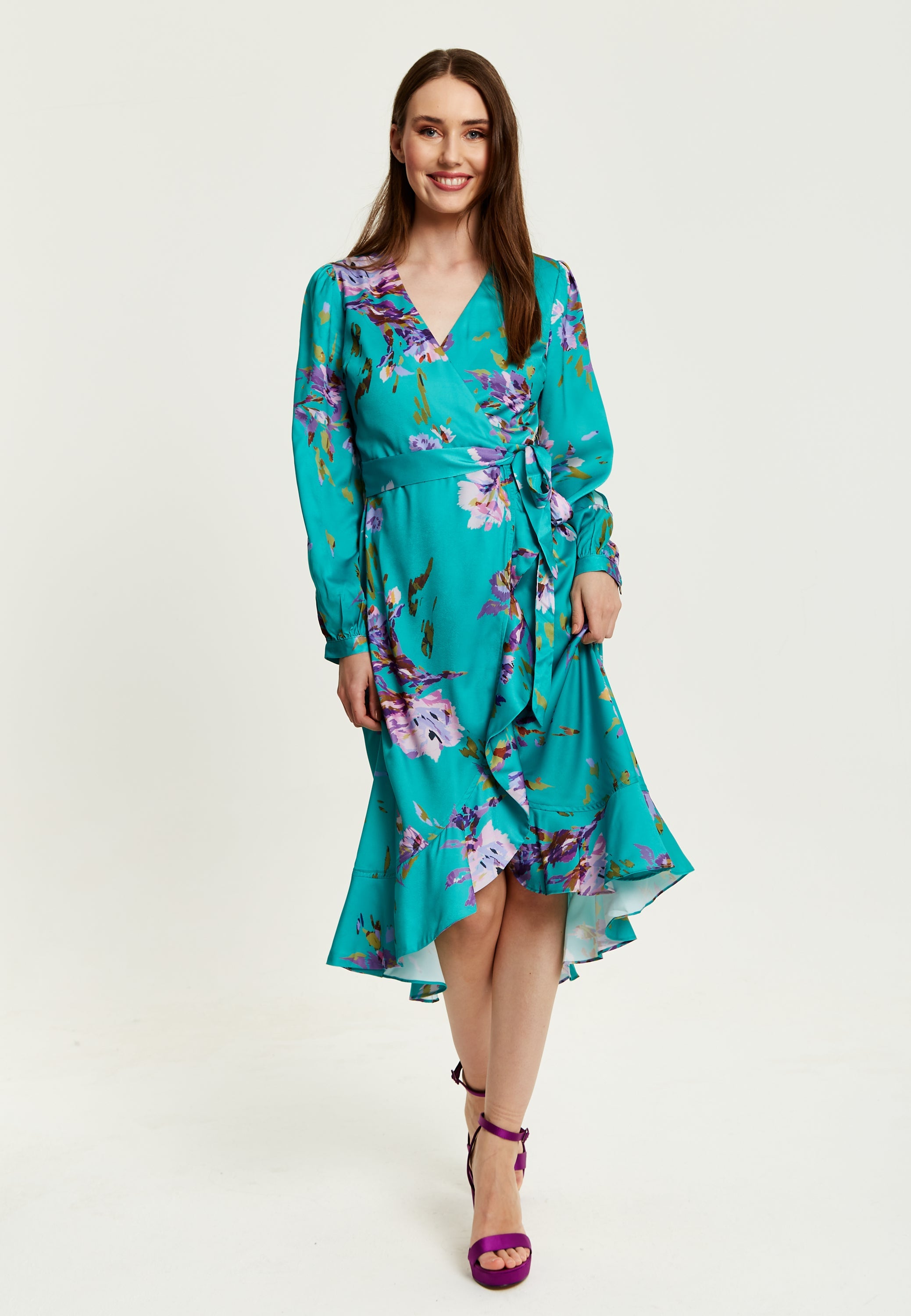 Women's Midi Wrap Dress in Green with Long Sleeve Slits, V Neck Style - Floral Print by Liquorish