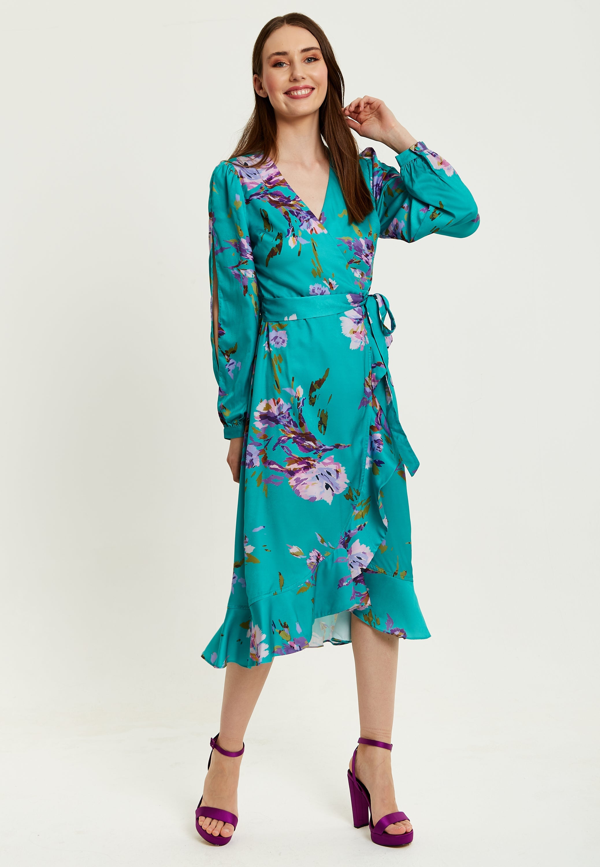 Women's Midi Wrap Dress in Green with Long Sleeve Slits, V Neck Style - Floral Print by Liquorish