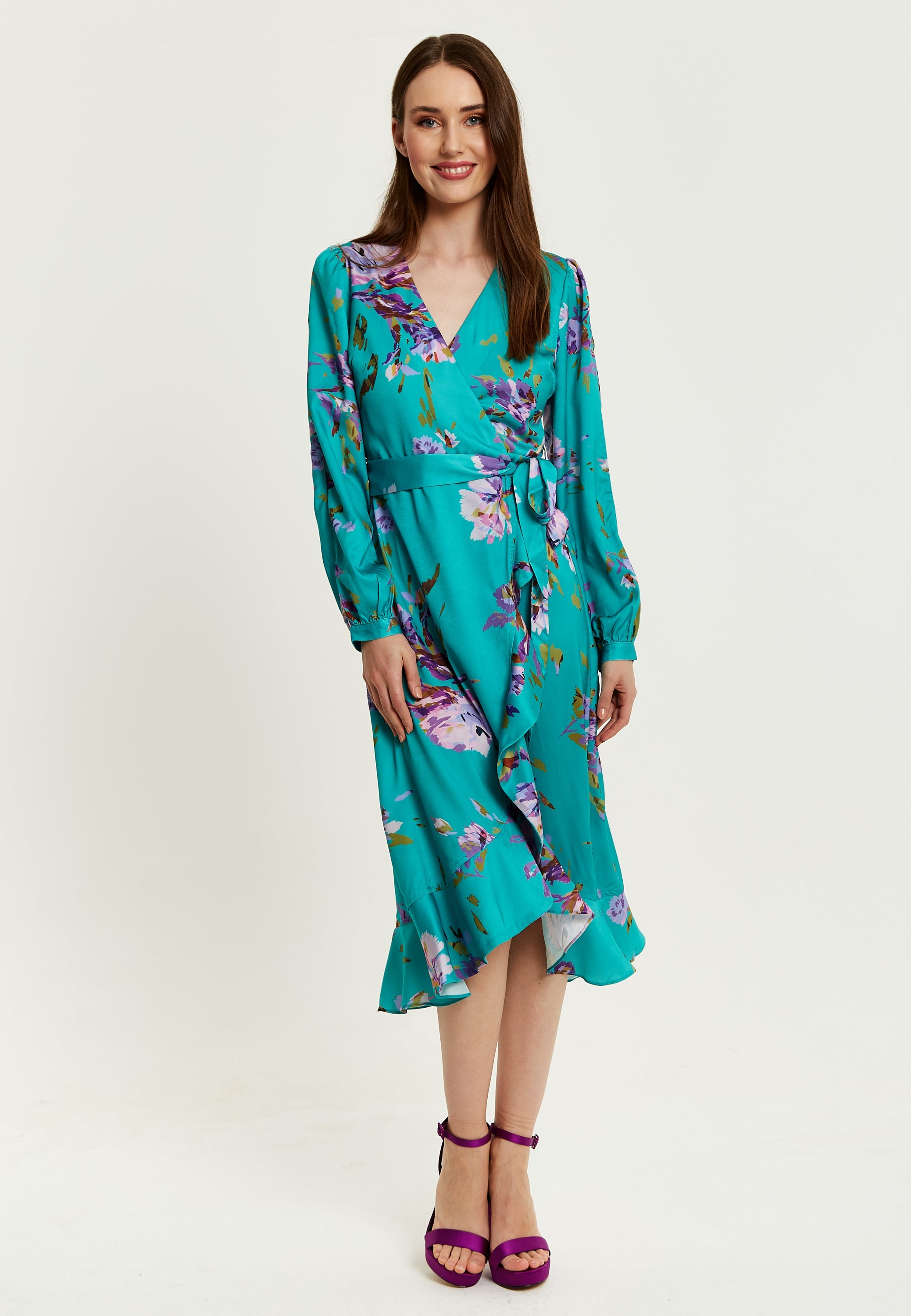 Women's Midi Wrap Dress in Green with Long Sleeve Slits, V Neck Style - Floral Print by Liquorish