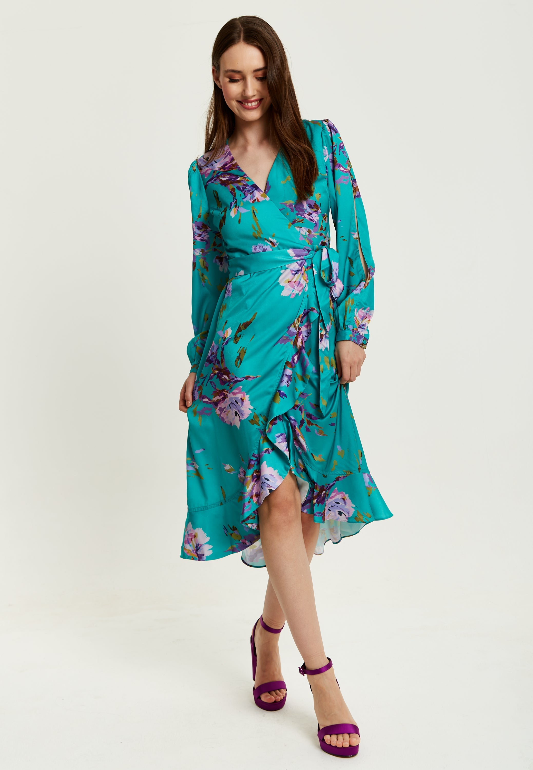 Women's Midi Wrap Dress in Green with Long Sleeve Slits, V Neck Style - Floral Print by Liquorish