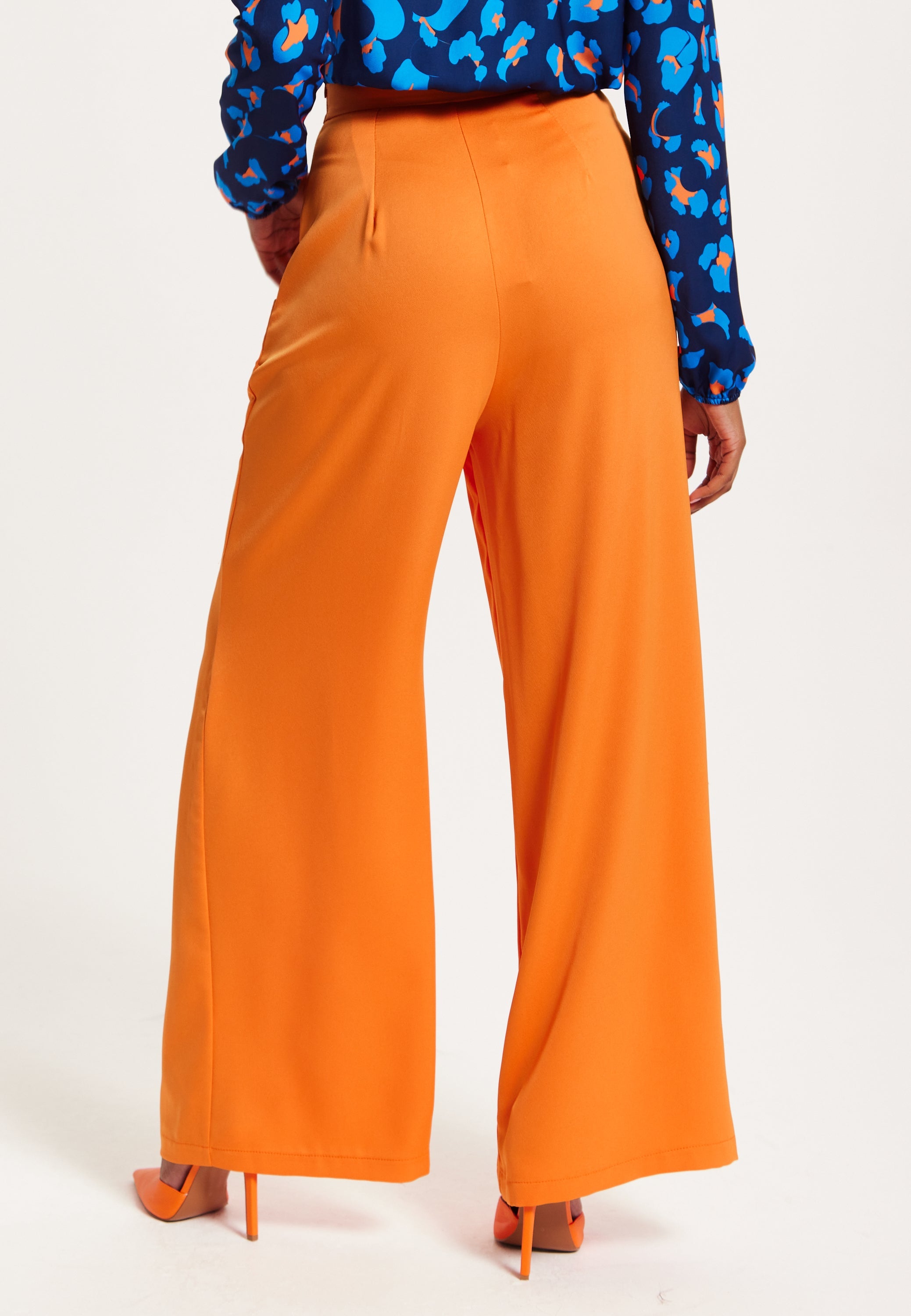 Women's Trousers High Waist Orange Wide Leg with Front Buttons and Pockets, Zip-Side Fastening, Liquorish