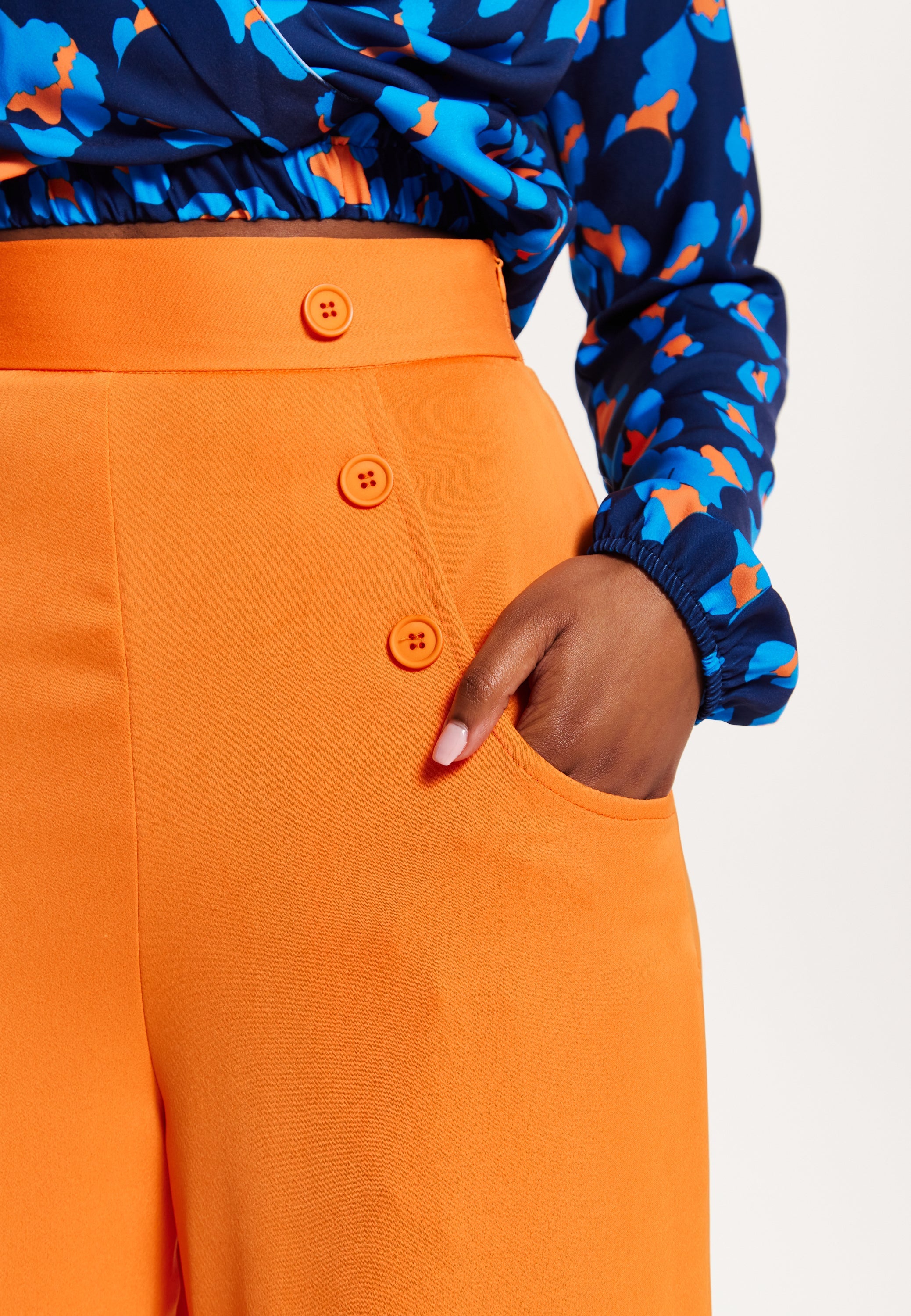 Women's Trousers High Waist Orange Wide Leg with Front Buttons and Pockets, Zip-Side Fastening, Liquorish