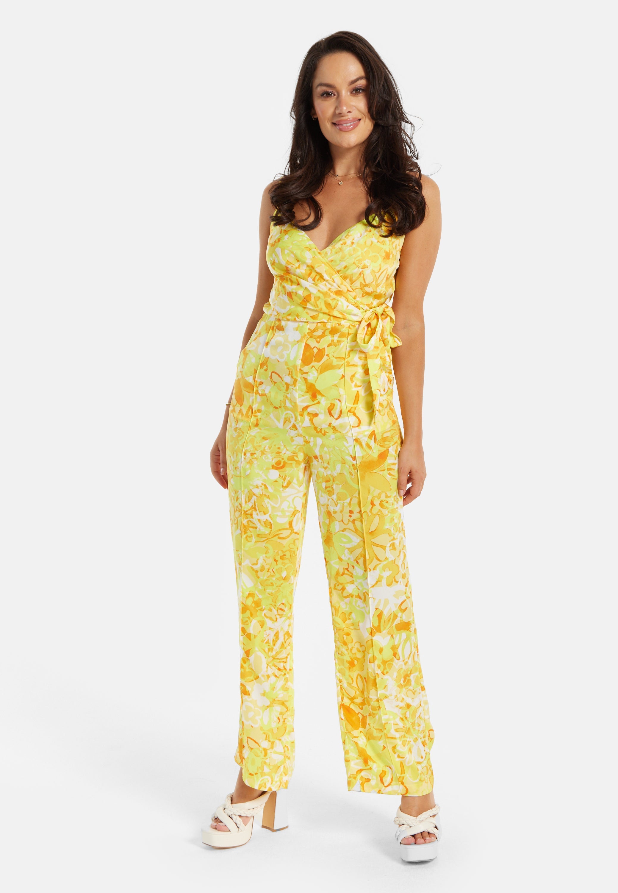 Women's Jumpsuit in Yellow and Orange Floral Print with V-Neck, Adjustable Straps, and Tie Waist - Liquorish