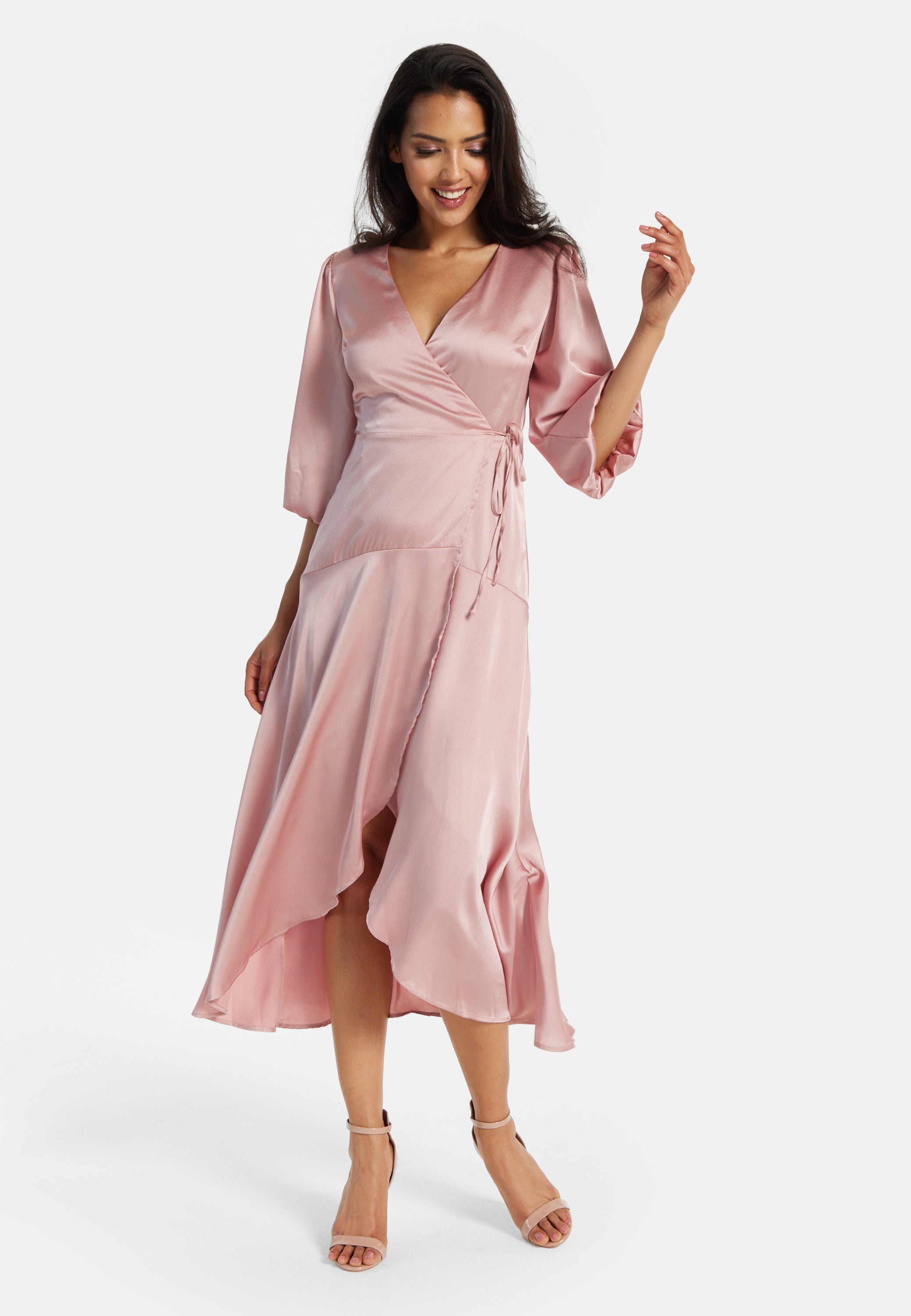 Women's Midi Dress in Pink with Short Puff Sleeves - Elegant Wrap Design by Liquorish