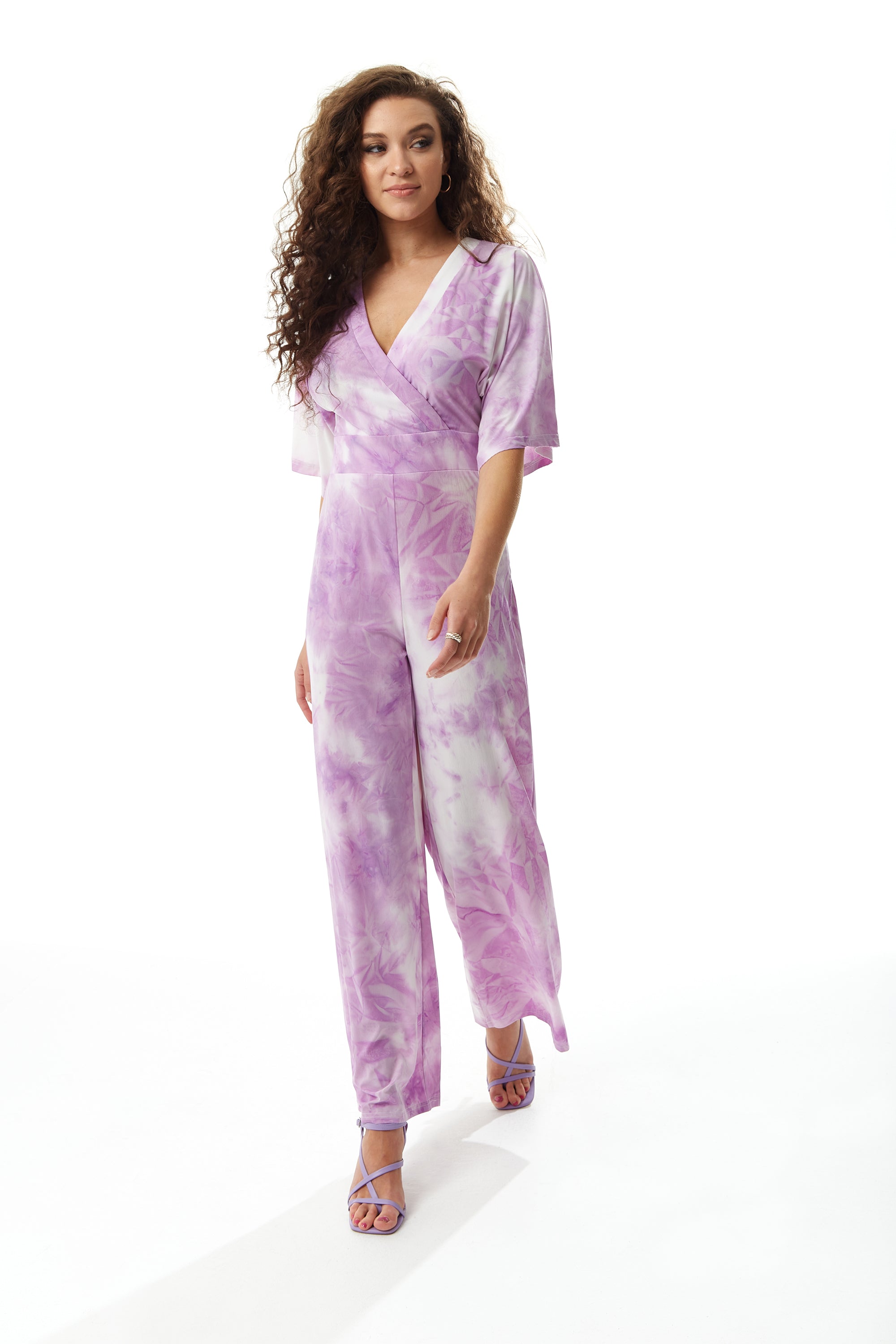 Women's Jumpsuit in White and Pink Tie Dye with Short Sleeves, V Neck, Open Back, Liquorish