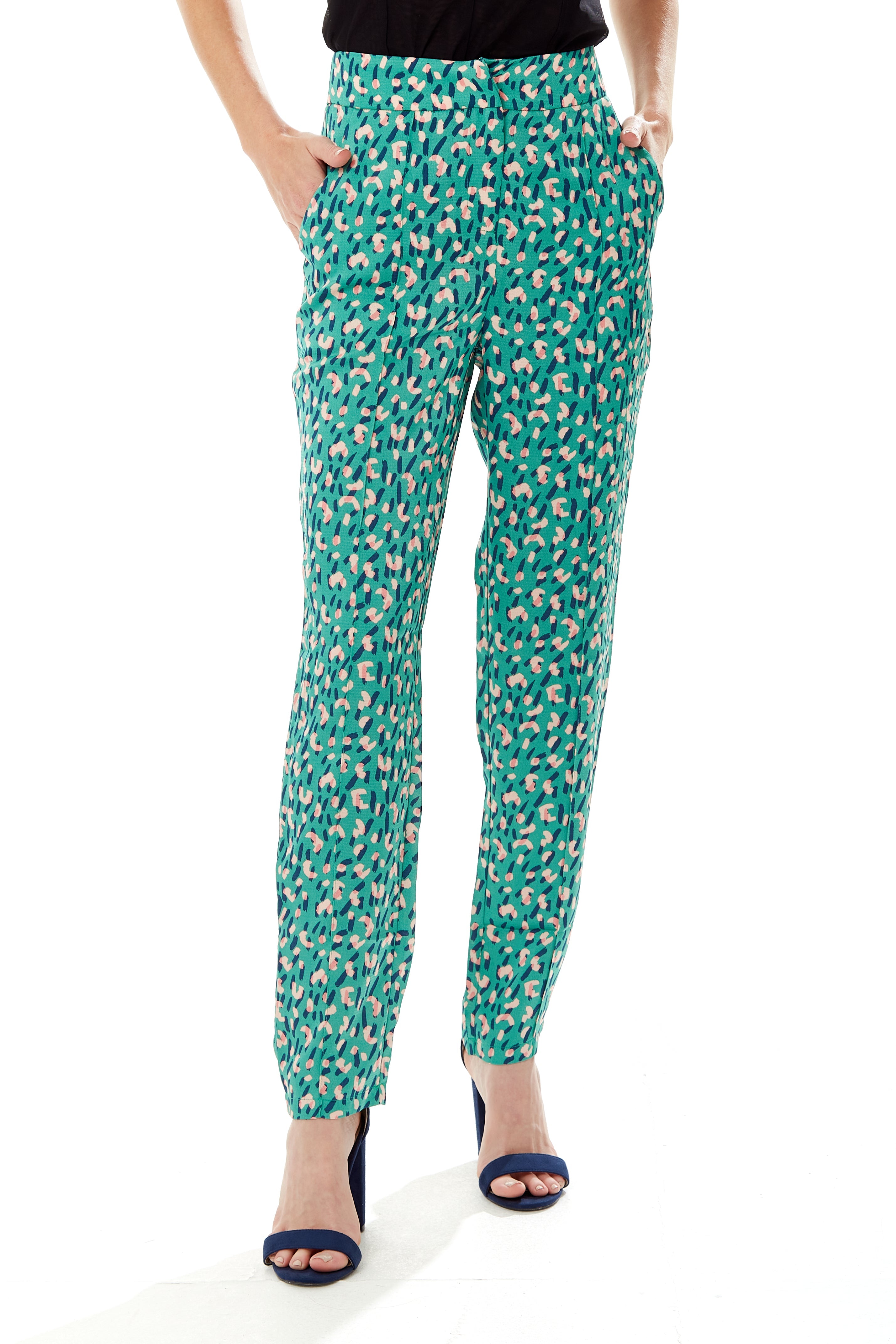 Women's Trousers in Green with Straight Leg Tailored Fit - All Over Stroke Print by Liquorish