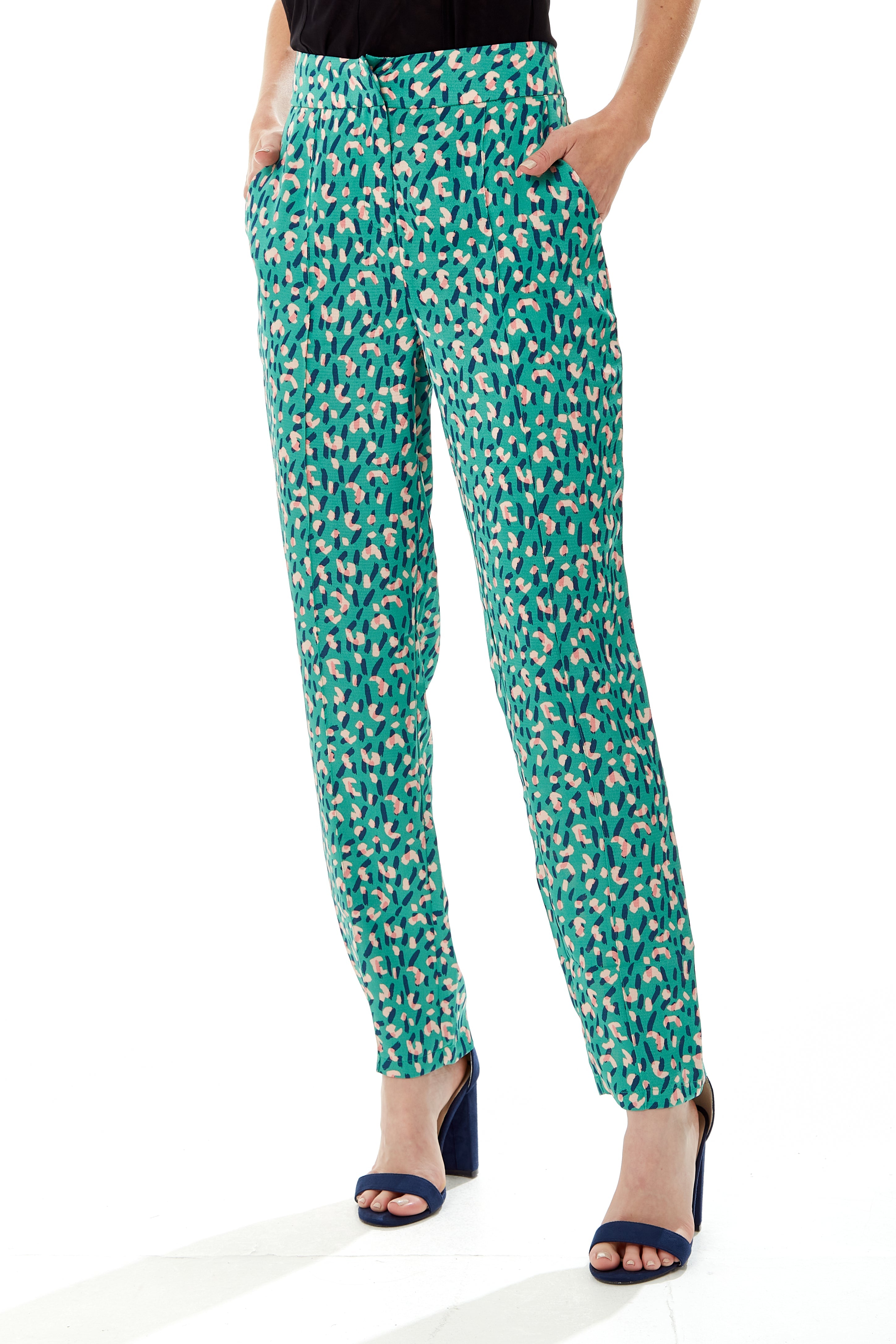 Women's Trousers in Green with Straight Leg Tailored Fit - All Over Stroke Print by Liquorish