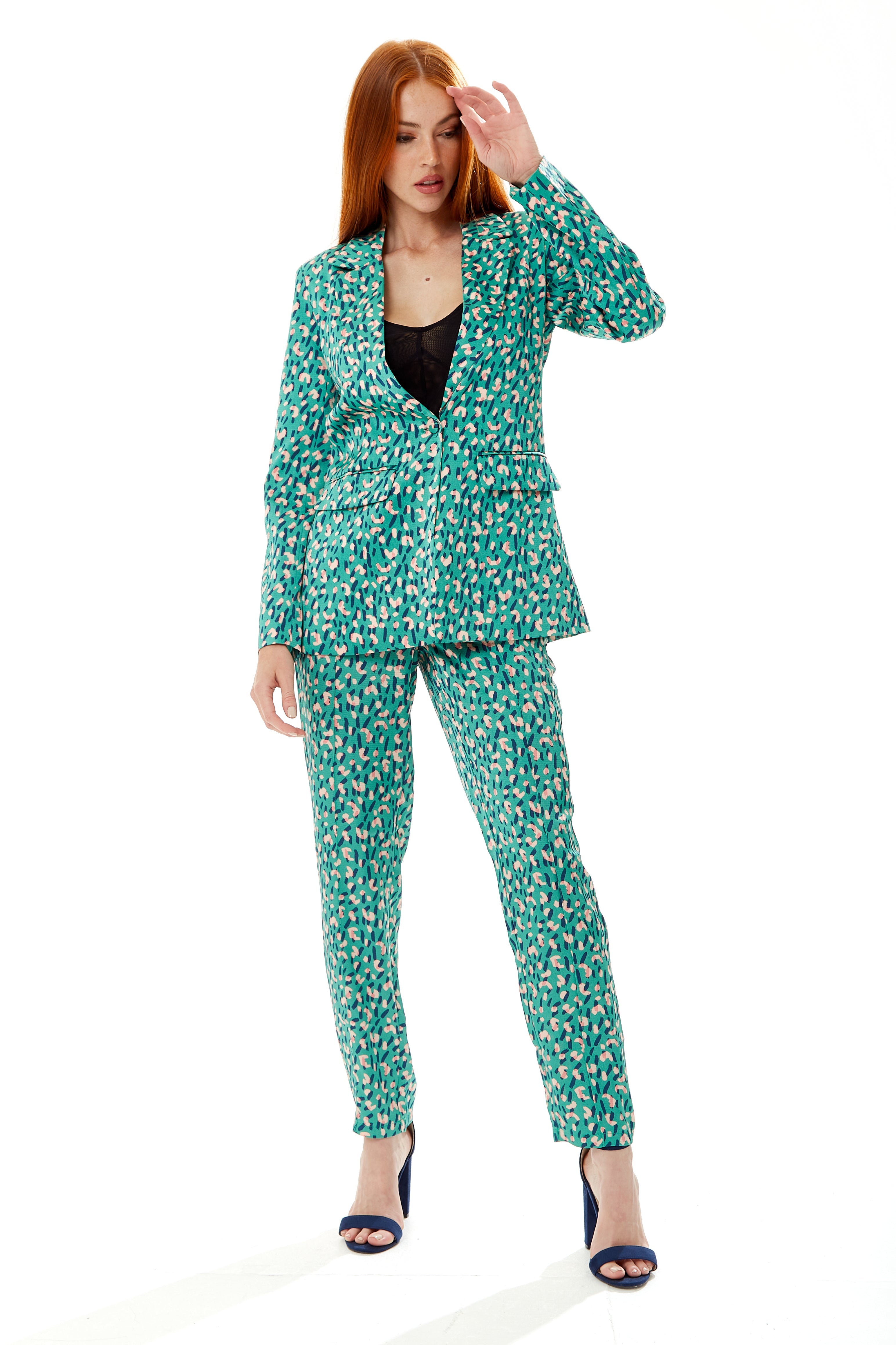 Women's Blazer in Green with Padded Shoulders and All-Over Stroke Print - Liquorish