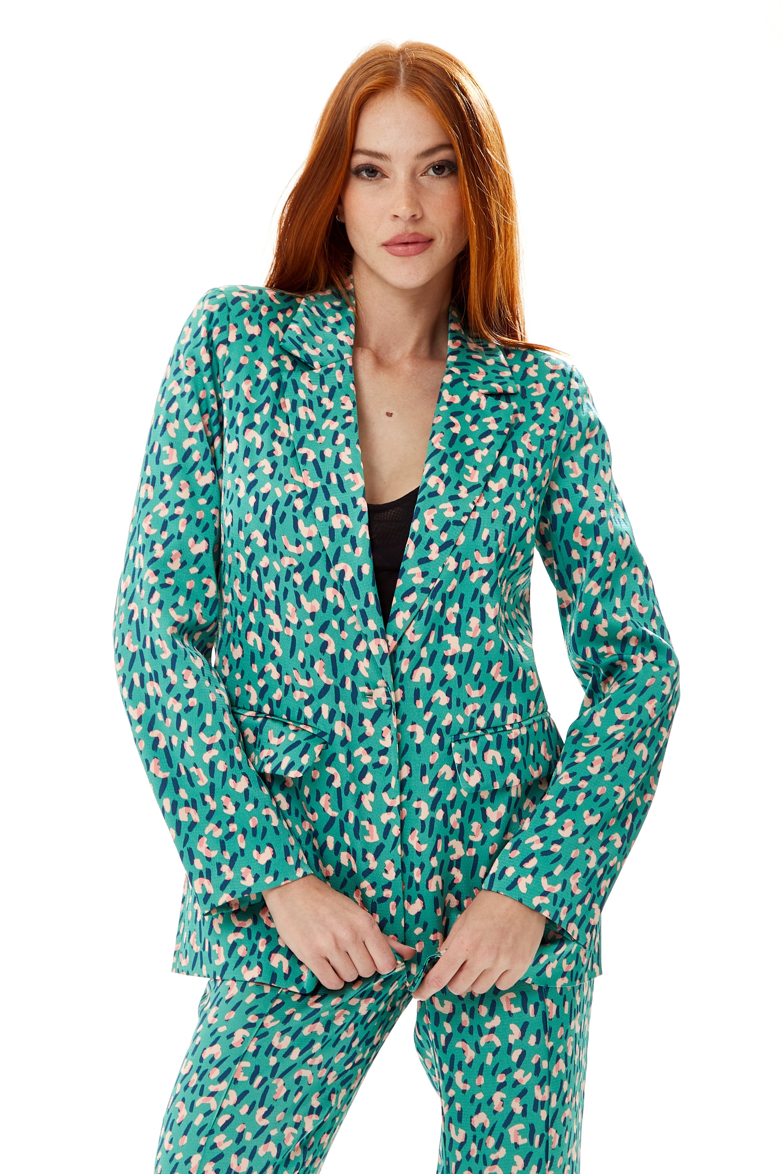 Women's Blazer in Green with Padded Shoulders and All-Over Stroke Print - Liquorish