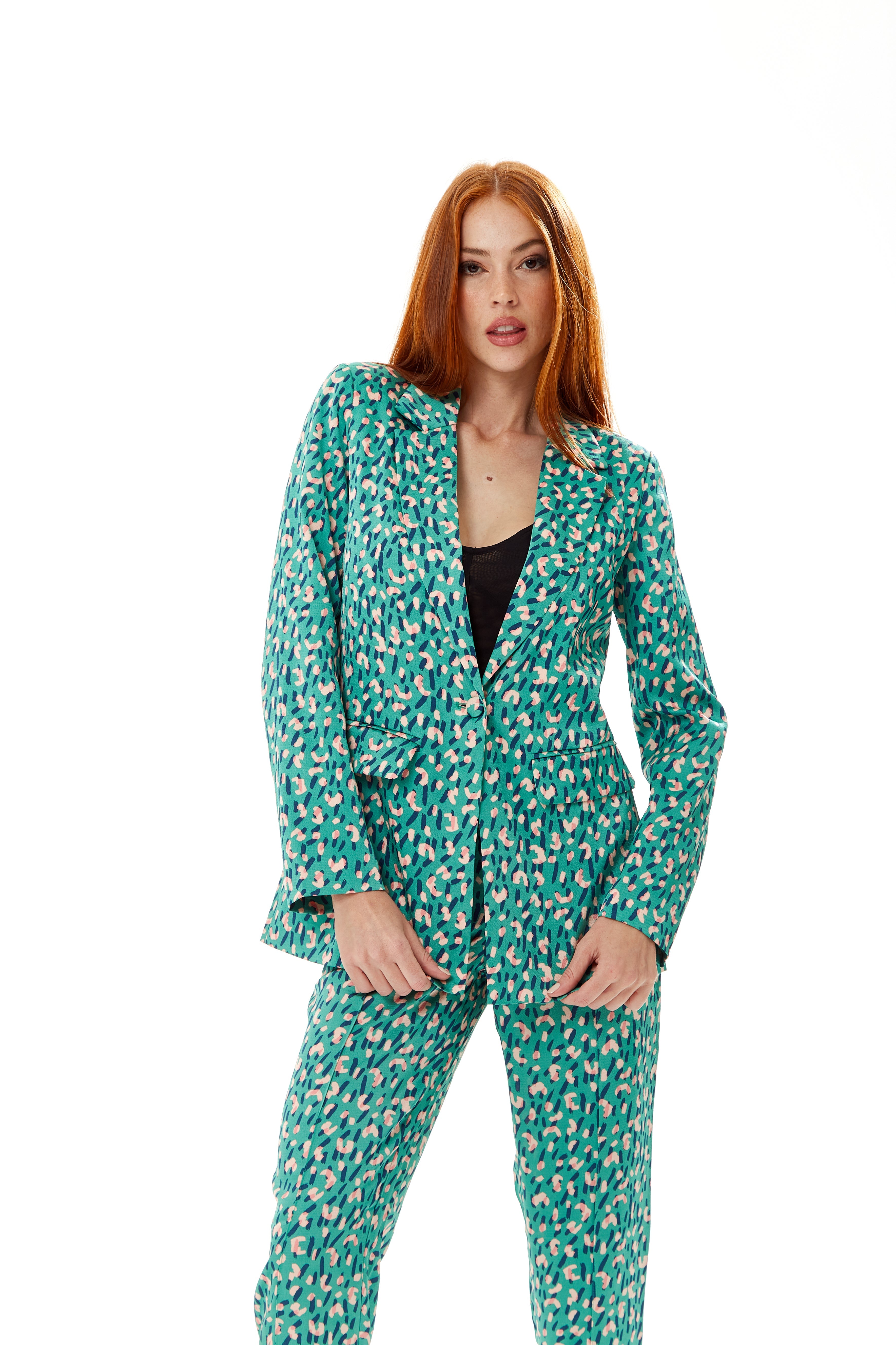 Women's Blazer in Green with Padded Shoulders and All-Over Stroke Print - Liquorish
