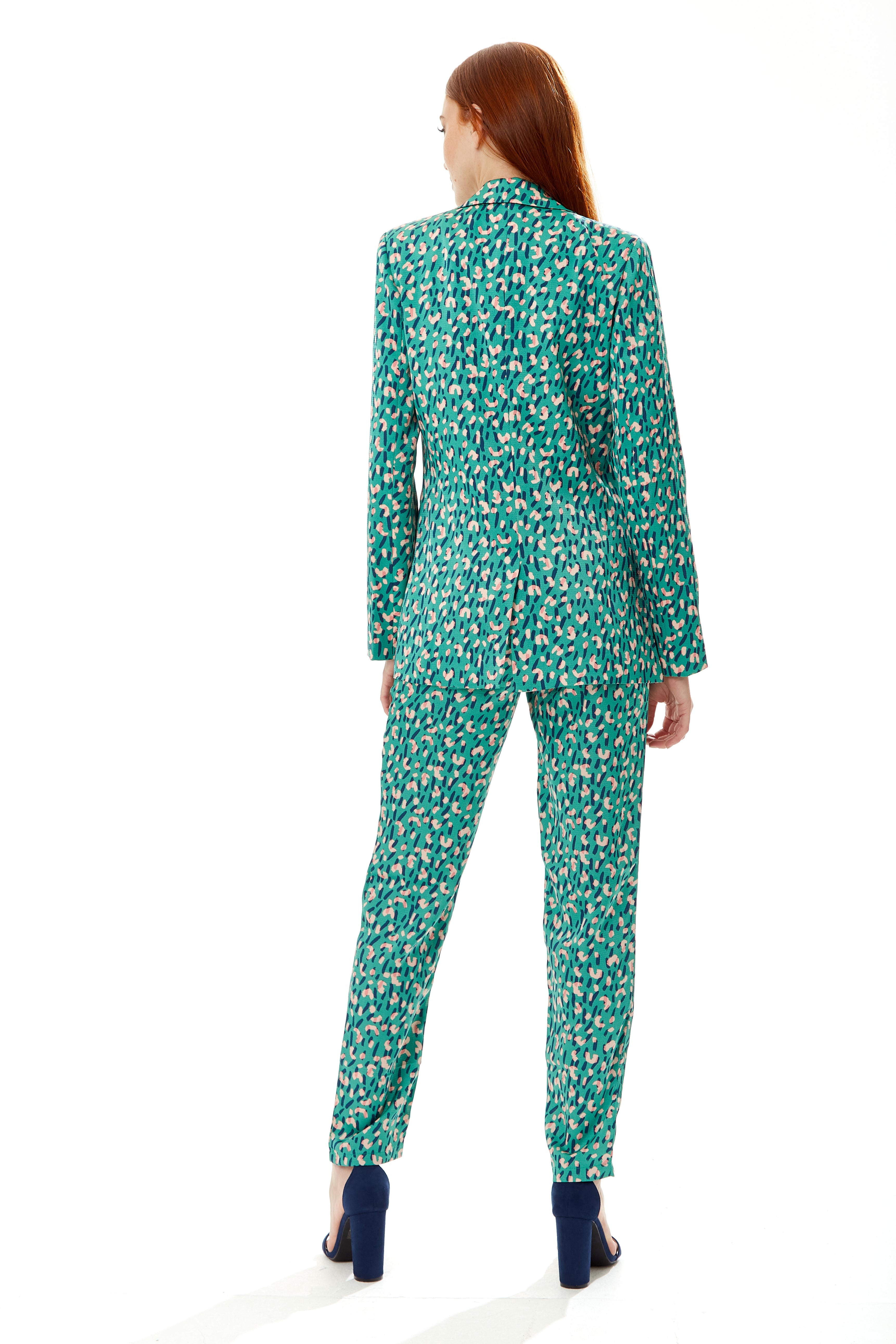 Women's Blazer in Green with Padded Shoulders and All-Over Stroke Print - Liquorish