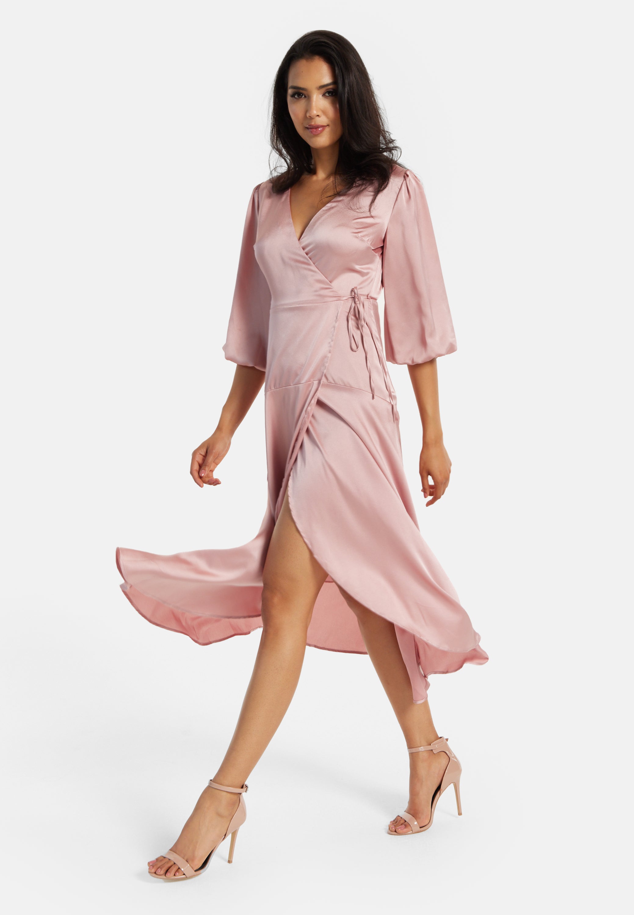 Women's Midi Dress in Pink with Short Puff Sleeves - Elegant Wrap Design by Liquorish