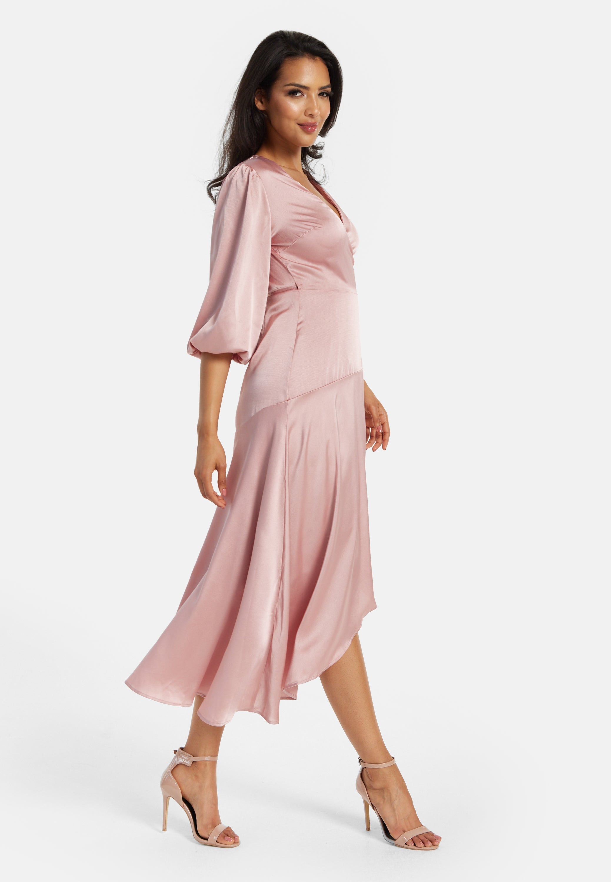 Women's Midi Dress in Pink with Short Puff Sleeves - Elegant Wrap Design by Liquorish