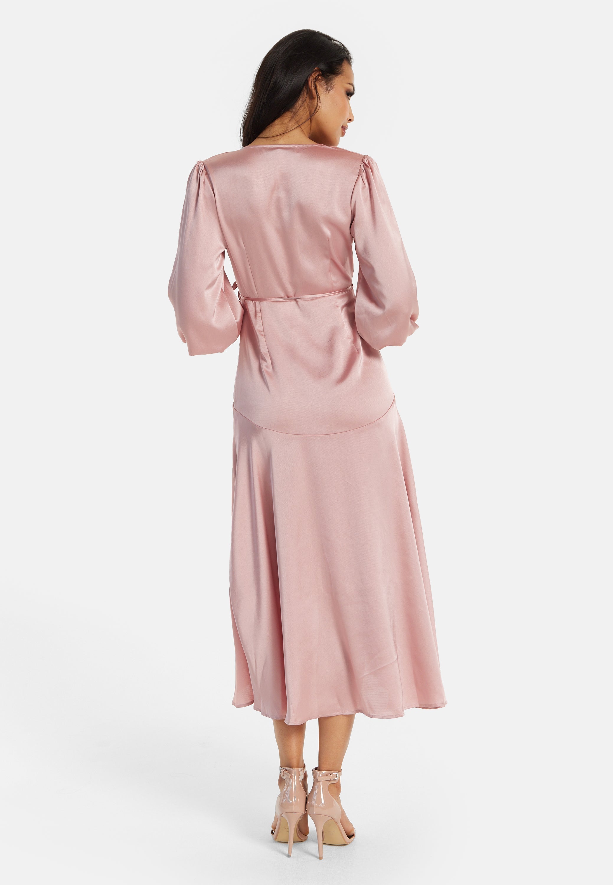 Women's Midi Dress in Pink with Short Puff Sleeves - Elegant Wrap Design by Liquorish