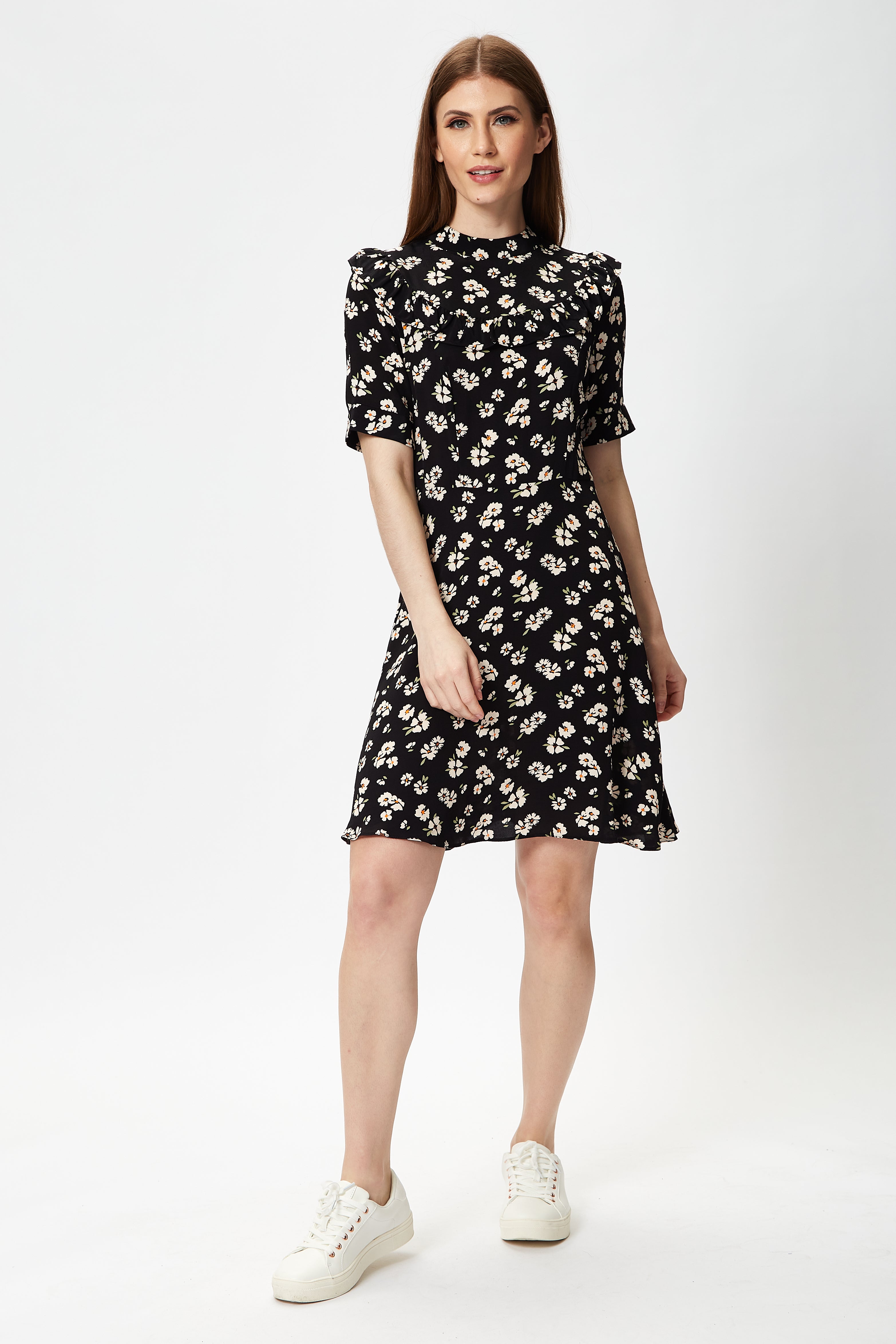 Women's Mini Dress in Black with Floral Print and Short Sleeves, Elegant Frill Details, Perfect for Any Occasion - Liquorish