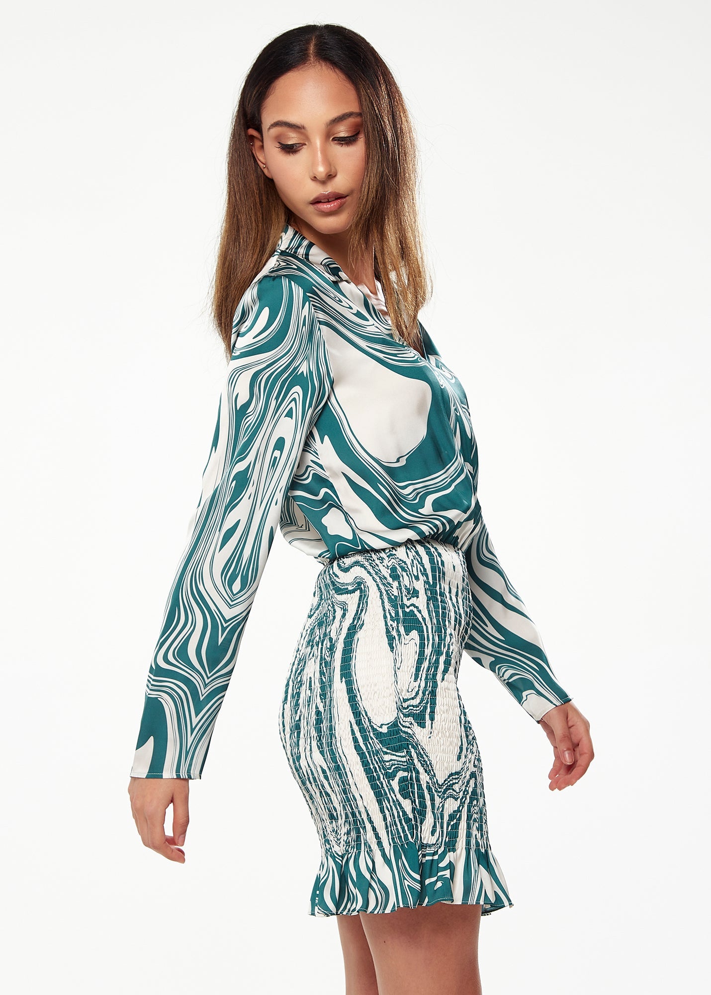 Women’s Mini Dress in Green with Swirling Marble Print, V-Neck, Full-Length Sleeves, Smocked Skirt, and Frill Hem
