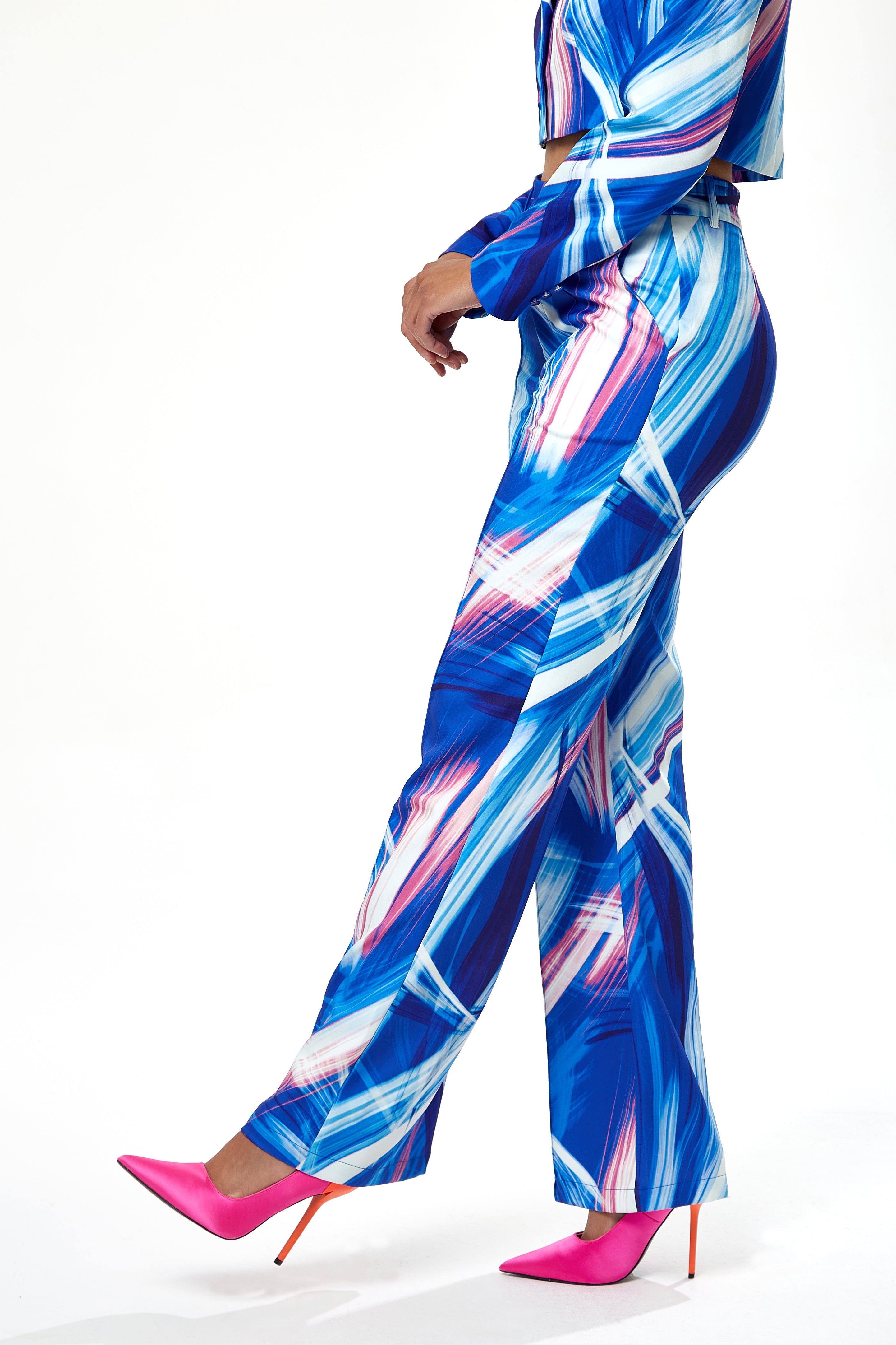 Women's Trousers in Blue, White & Pink Graphic Print with High Rise and Narrow Waistband - Liquorish