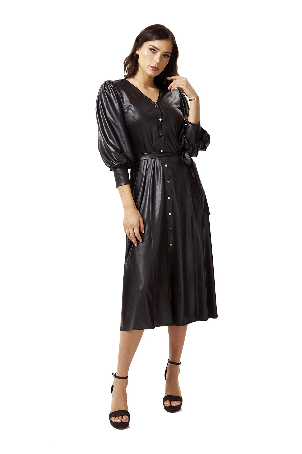 Women's Midi Dress in Black with 3/4 Balloon Sleeves and Tie Waist - Liquorish