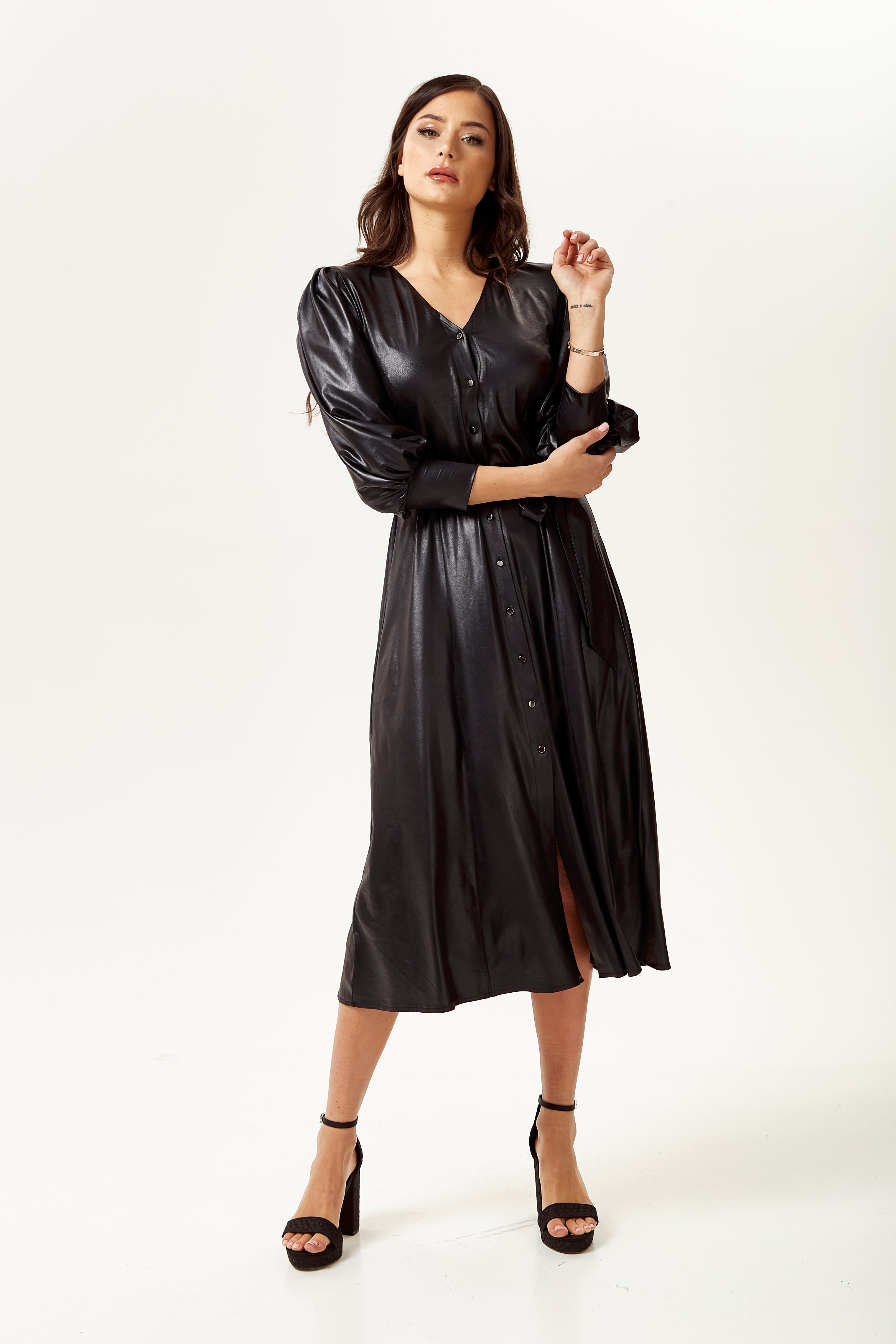 Women's Midi Dress in Black with 3/4 Balloon Sleeves and Tie Waist - Liquorish
